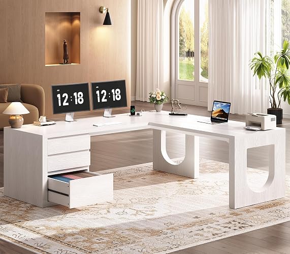 SEDETA 63" L Shaped Desk with 3 Drawers,Modern Executive Office Desk | Wood Corner Computer Desk with File Drawer and Relief Texture, Home Office Desk with Power Outlet, White - White - L Shaped Desk