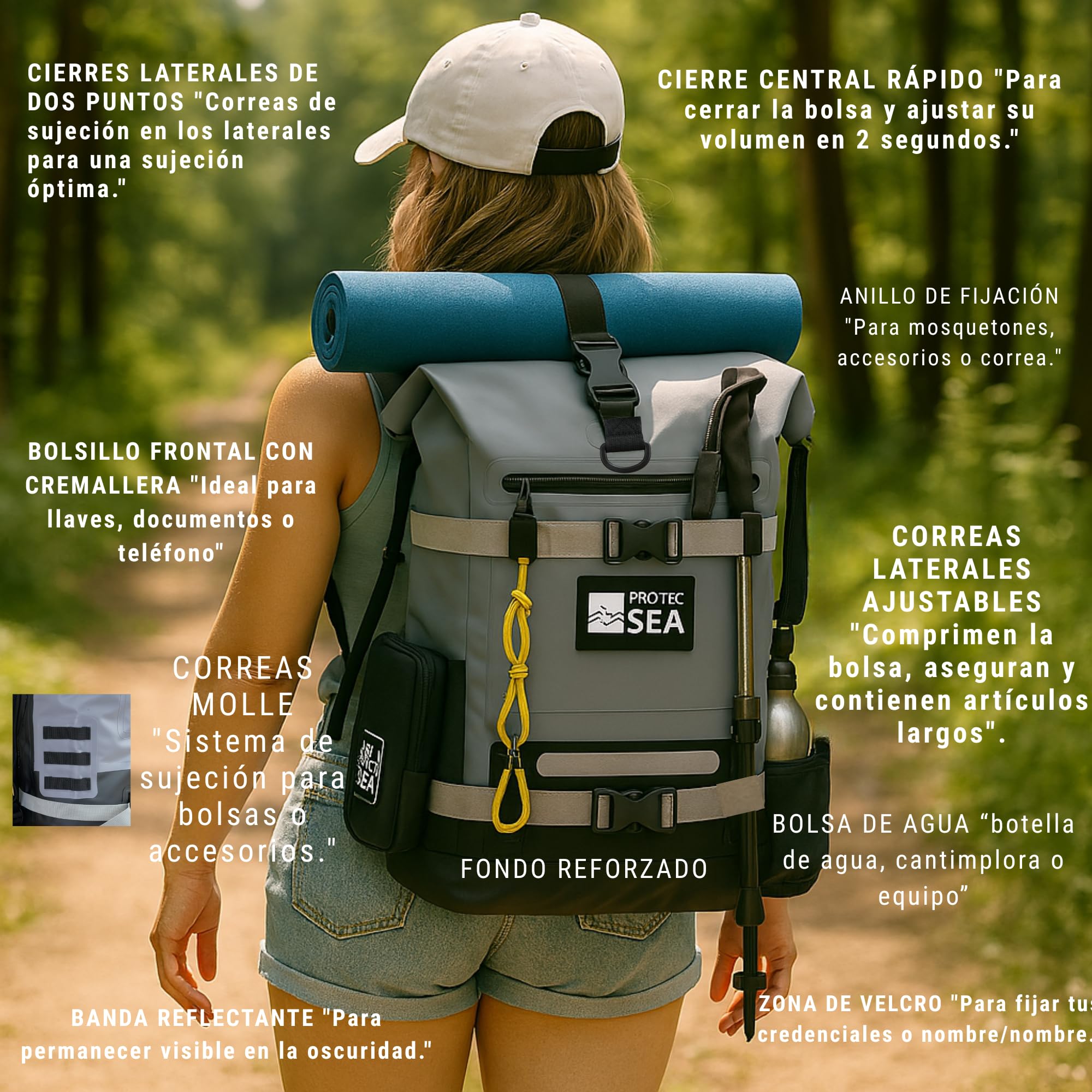 Mochila impermeable impermeable para senderismo, 25L-40L, volumen ajustable, cierre rápido, transporte cómodo, accesorios Molle, bolsillos impermeables, cinta reflectante, color gris
