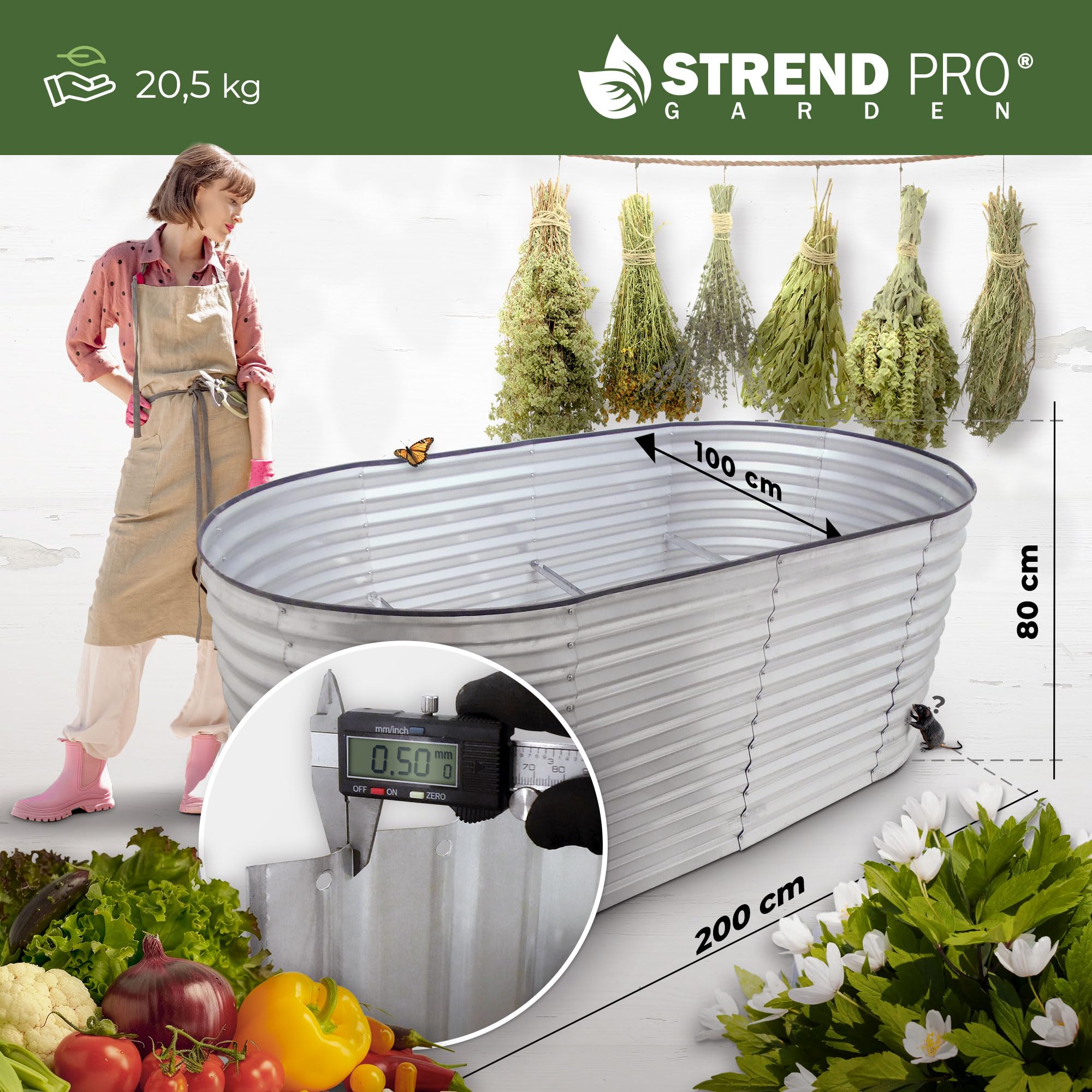 STREND PRO Hochbeet Metall 200x100x80cm (LxBxH) | Metall Hochbeete-kit für Garten Blech | Garten Beet aus verzinktem Stahl für Gemüse, Kräuter & Tomatenpflanzen | Stahl Pflanzkasten, Kräuterbeet