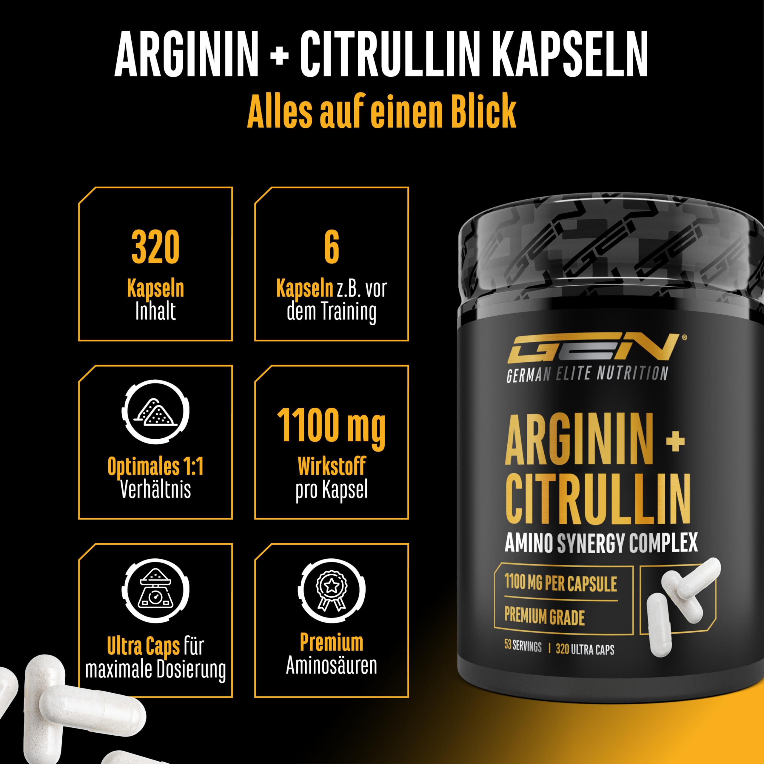 L Arginin + L Citrullin - 320 Kapseln - 1100 mg pro Kapsel - Extra hochdosierte Ultra Caps mit Arginin Base und Citrullin im Verhältnis 1 zu 1 - Hochwertige Aminosäuren Kombination | 1100 mg je Kapsel, extra hochdosierte Ultra Caps, Arginin Base, Citrulli