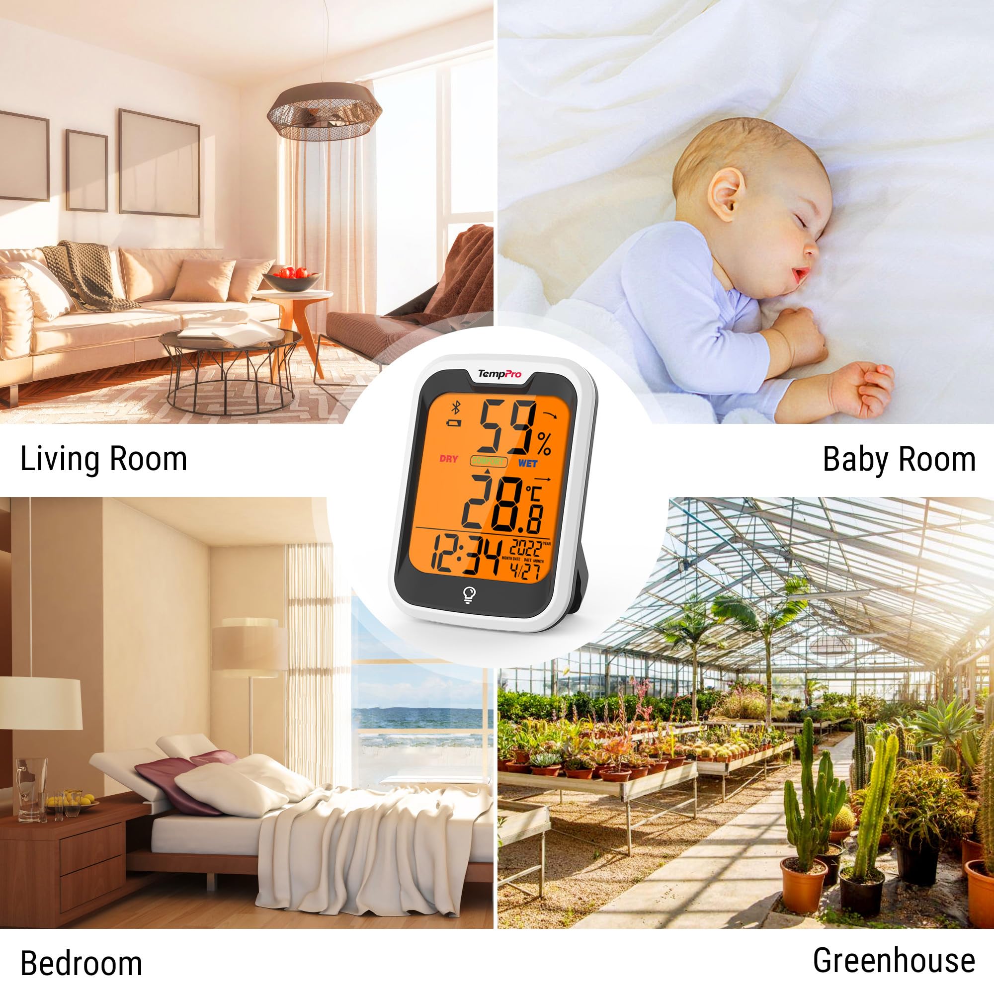 ThermoPro TempPro Termometr pokojowy z higrometrem i zegarem, pomiar temperatury wewnątrz, Bluetooth, dokładność do 0,2℃, lampka nocna, zapis pomiarów wilgotności, do sypialni, biura, szklarni