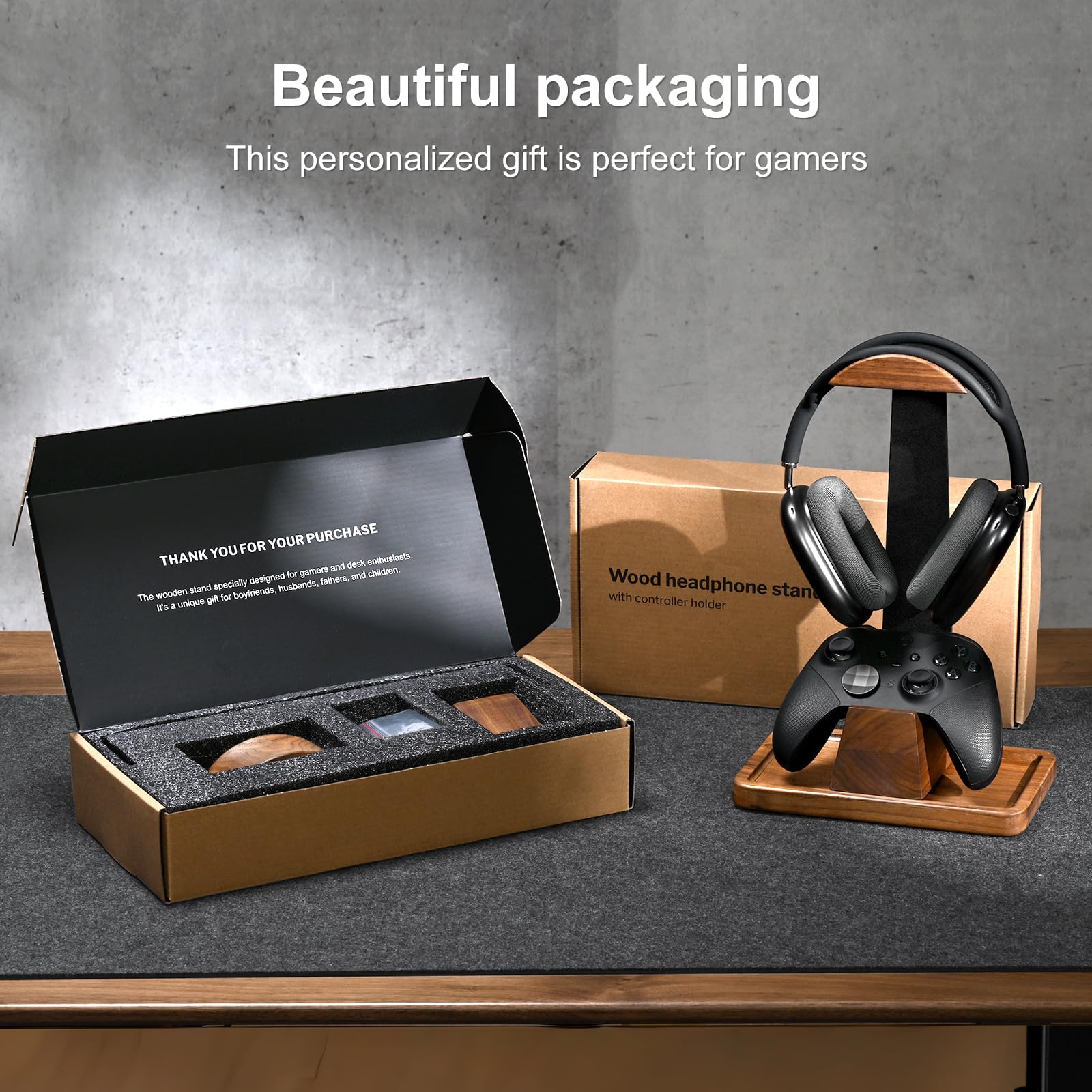 UPERGO Support de casque avec support de manette de jeu, support de casque en bois de noyer avec base de rangement, accessoires d'équipement de jeu pour bureau