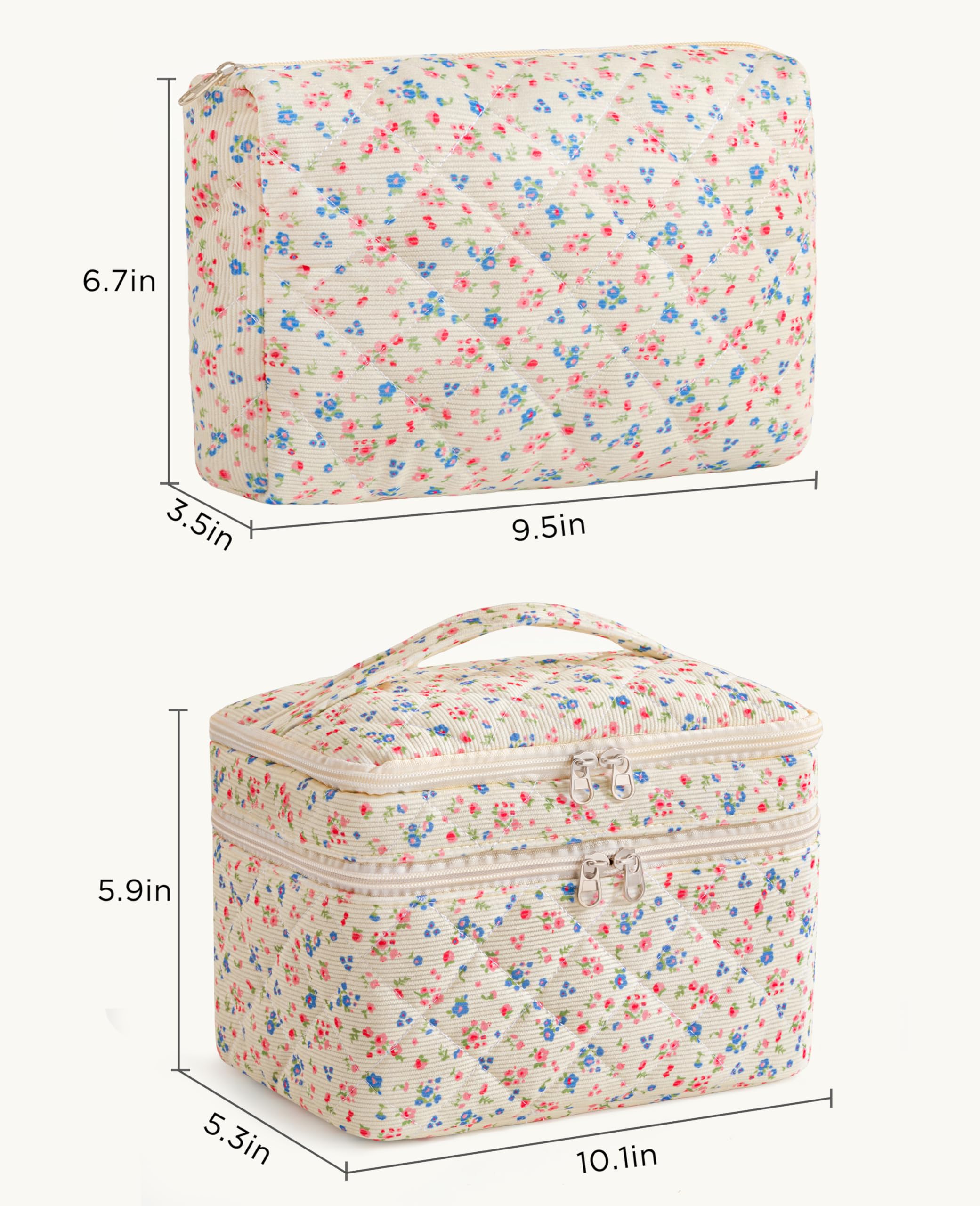 HBselect Reise-Make-up-Tasche, große Baumwolle, gesteppt, Make-up-Tasche, Kosmetiktasche, niedliche Make-up-Tasche, Kulturbeutel für Damen und Mädchen, 2 Stück, 2 x Blumen-3, 10.1 x 5.3 x 5.9 inches