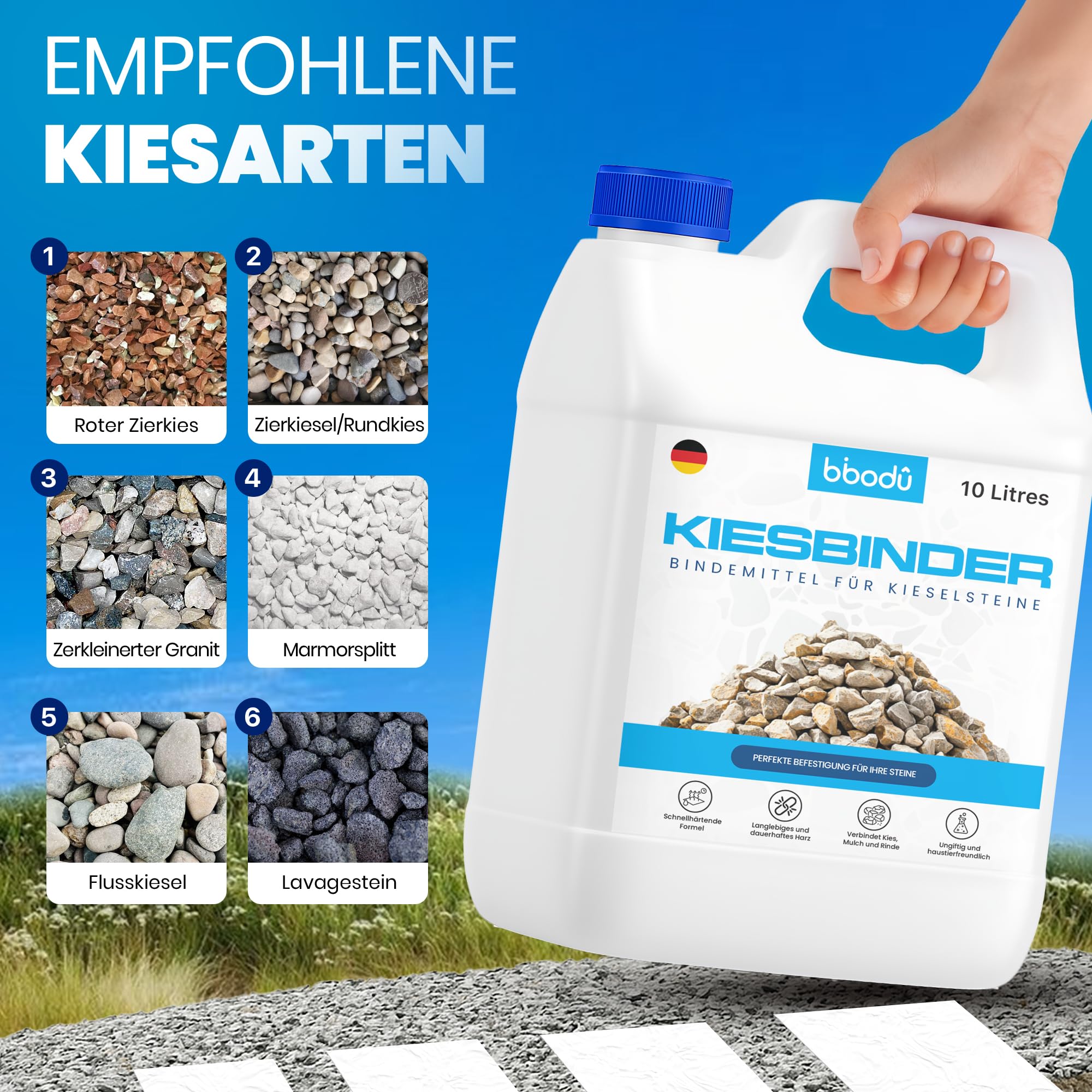 Kiesbinder 10 L | Reparateur für Kieselsteine | Widerstandsfähiges Kies Reparateur Aussen Frostsicher | Perfekt für Kies, Steine und Mulch | Für Wege, Terrassen und Außenbereiche