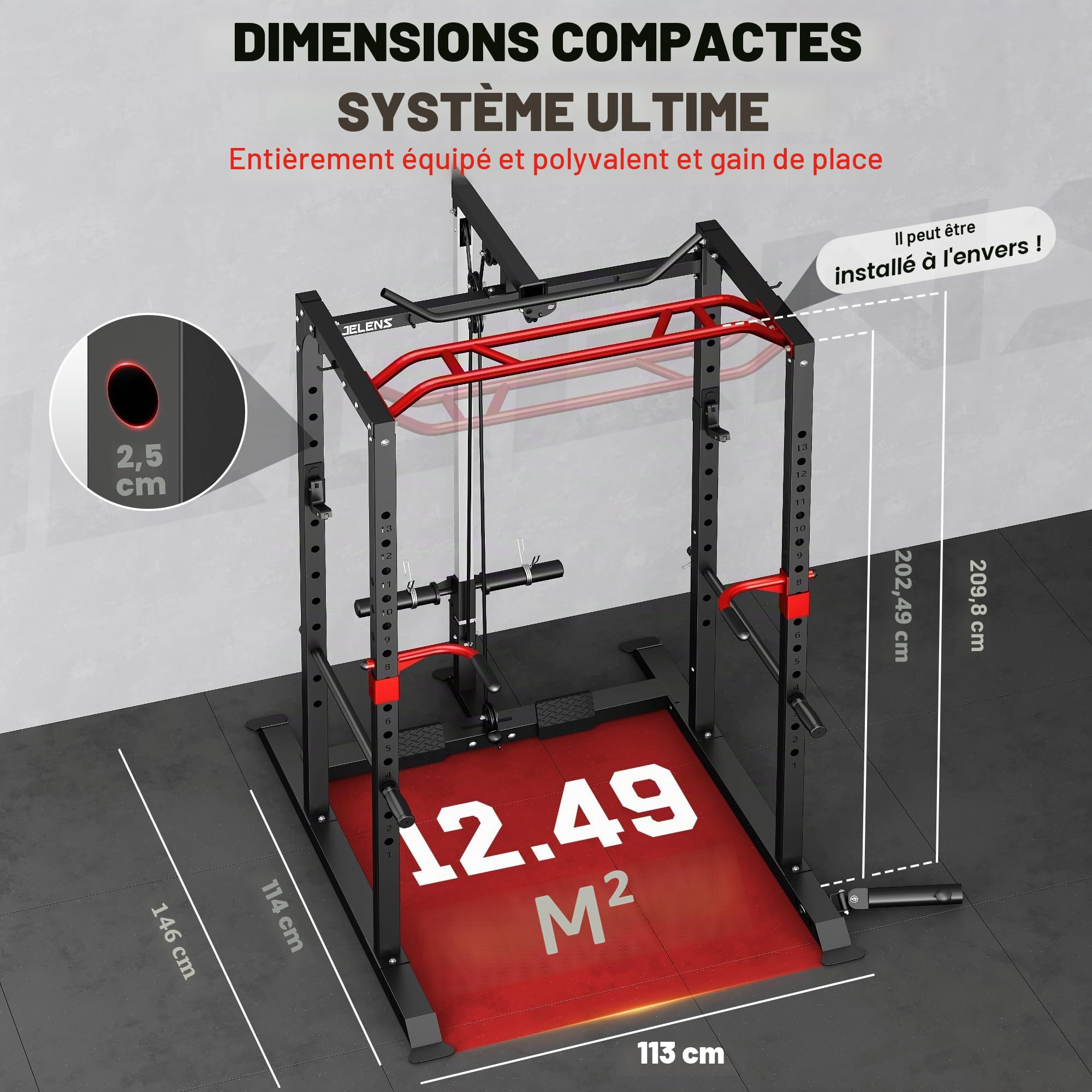 JELENS Power Cage, support multifonction S11 de 907 kg avec traction latte, support de squat avec système de poulie réglable et plus d'accessoires d'entraînement, machine d'entraînement de poids pour
