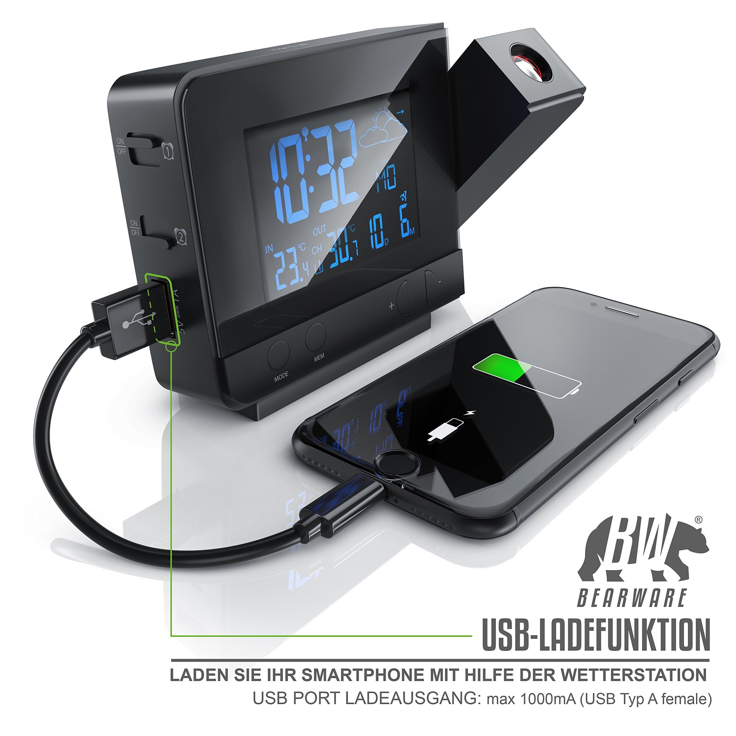 CSL - Funk Wetterstation mit Projektion inkl. Außensensor - sekundengenaue Uhrzeit durch DCF-Signal Funk-Uhr - USB-Ladefunktion - 8-Farbige RGB Hintergrundbeleuchtung - schwarz
