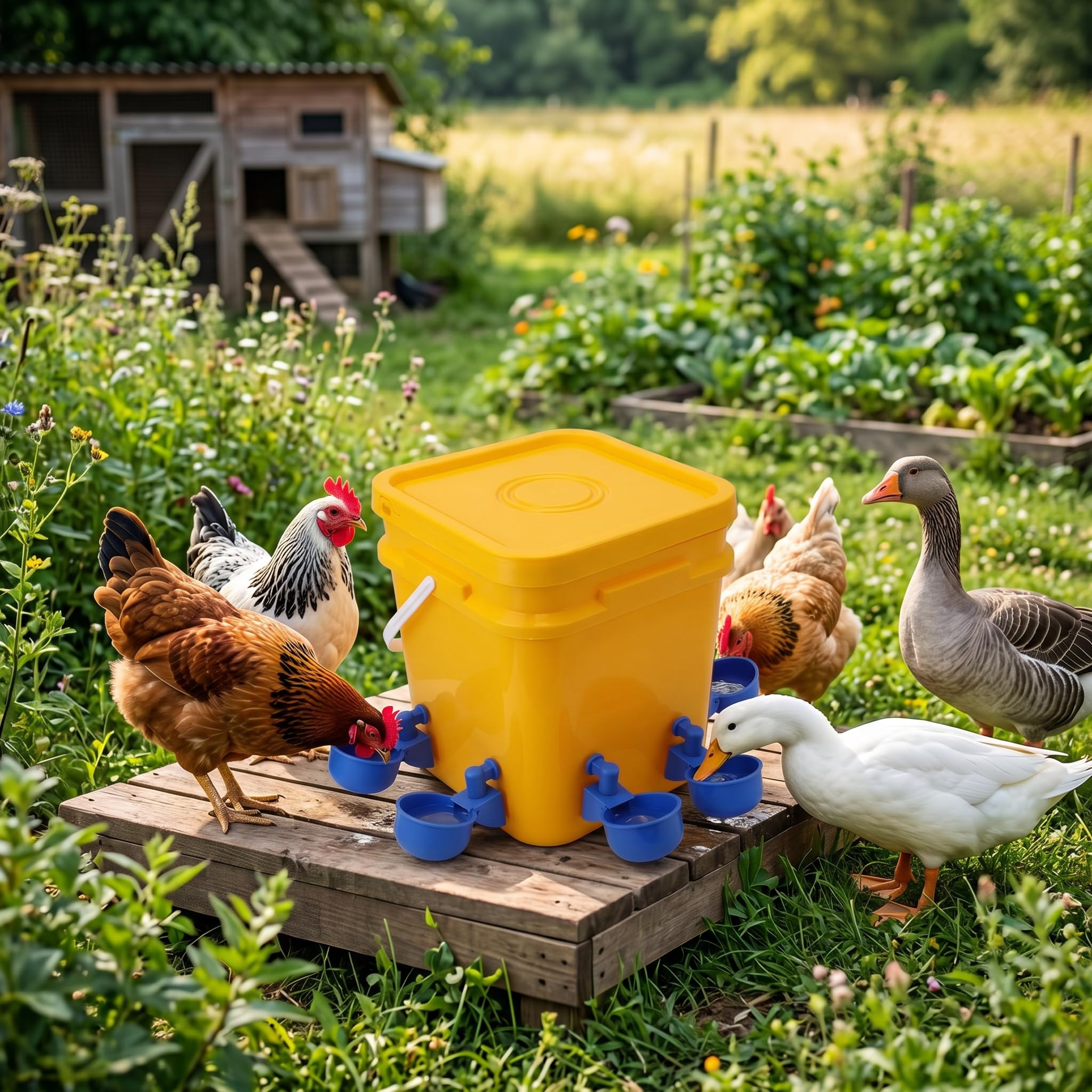 Abreuvoir Automatique de Poulet 12L - Baril Mangeoire et Abreuvoir pour Volaille - Fournitures pour Petite Poule (Seau + Bol Oiseau Bleu + Vis Noires)
