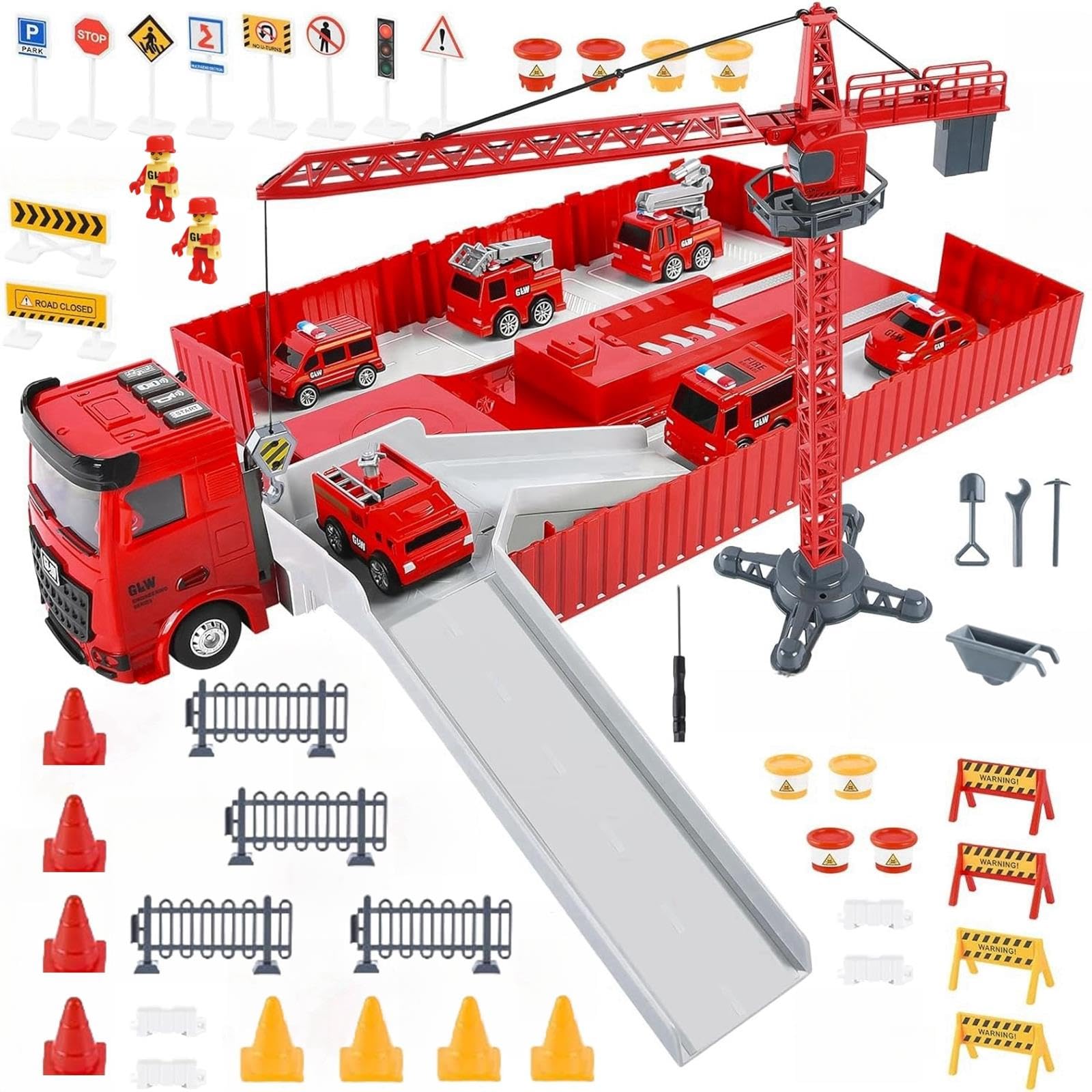 Camion Pompieri per Bambini, Veicoli da Cantiere, Veicolo Giocattolo da Trasporto con Musica e Luci, 6 Mini Camion Pompieri, Giocattolo Della Gru