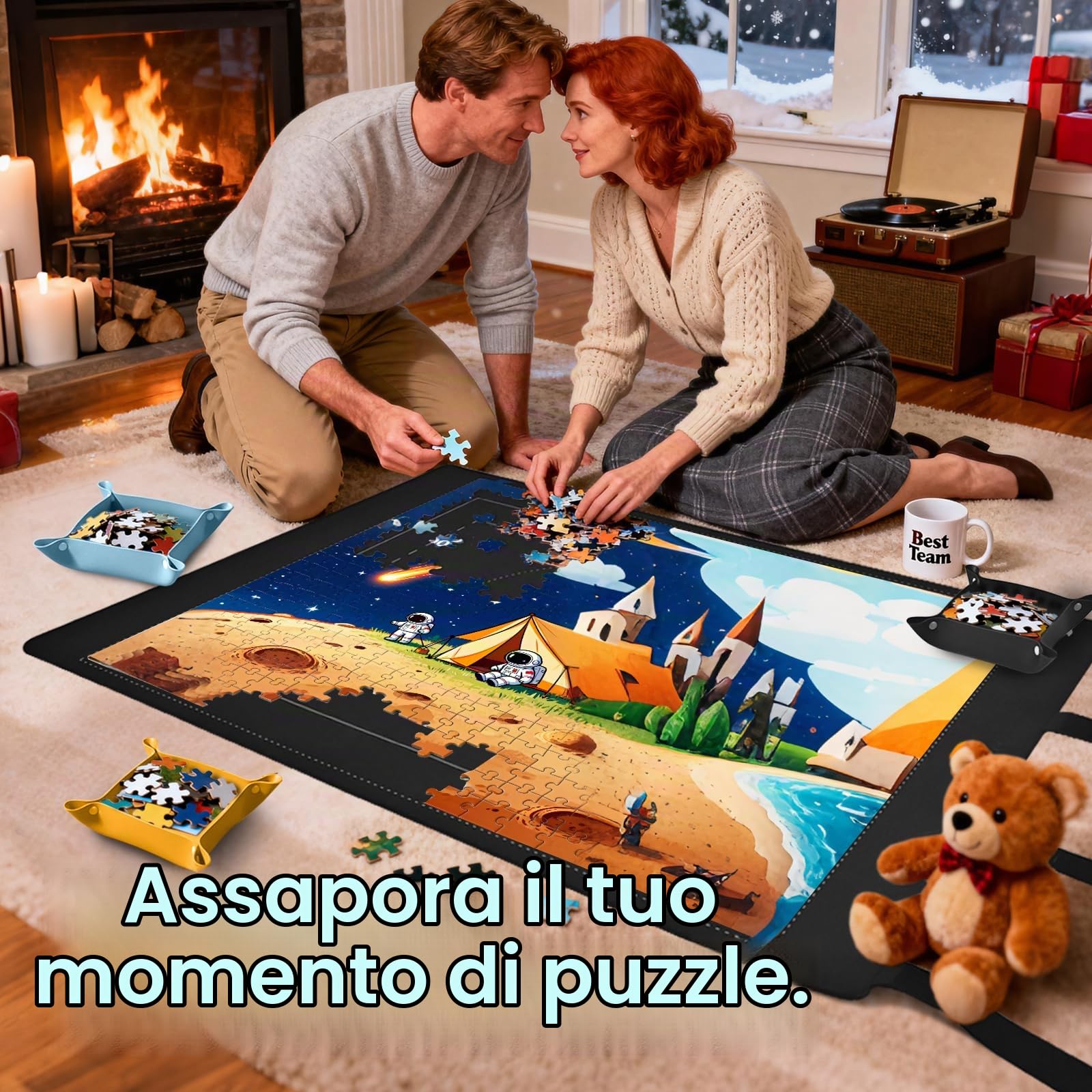MOZOOSON Tappetino Puzzle Arrotolabile in Gomma - 95x150 cm per Fino a 3000 Pezzi, Set Completo con 8 Vaschette, Tubo, 5 Cinghie e Custodia Puzzle da 1000, 1500, 2000 Pezzi