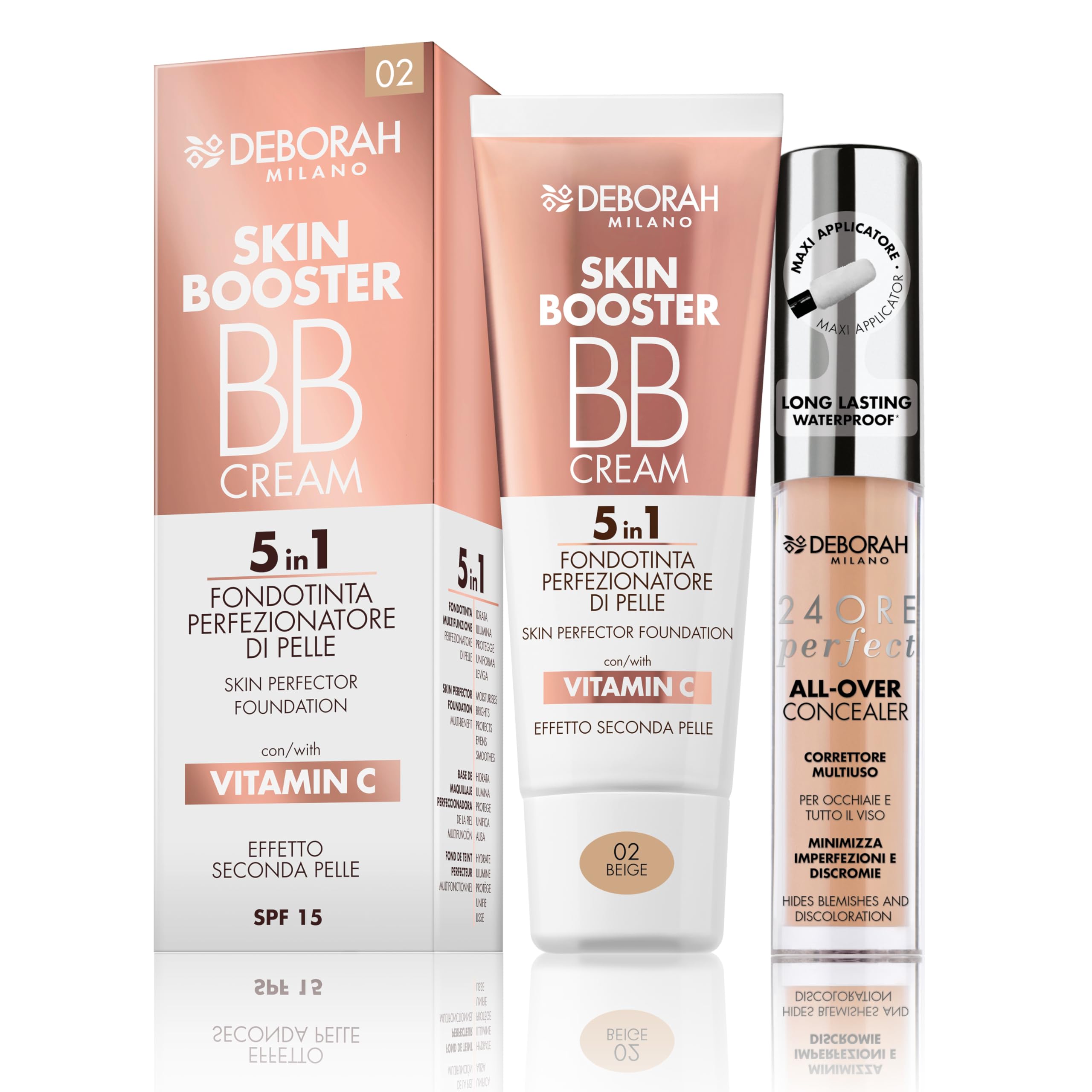 Deborah Milano -Set Makeup BB Cream Skin Booster, SPF 15, 02 Beige, con Vitamina C, Effetto Seconda Pelle, 30ml e Correttore Fluido 24 Ore Perfect All-Over, 03 Sand, Waterproof e Long Lasting, 5.5gr