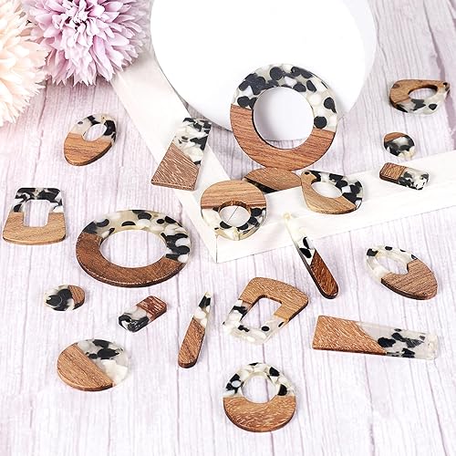 Miniatura 2 de Beadthoven - 20 piezas  10 pares de dijes de madera de resina estilo vaca DIY lindos aretes de madera de resina de puntos negros y blancos colgantes