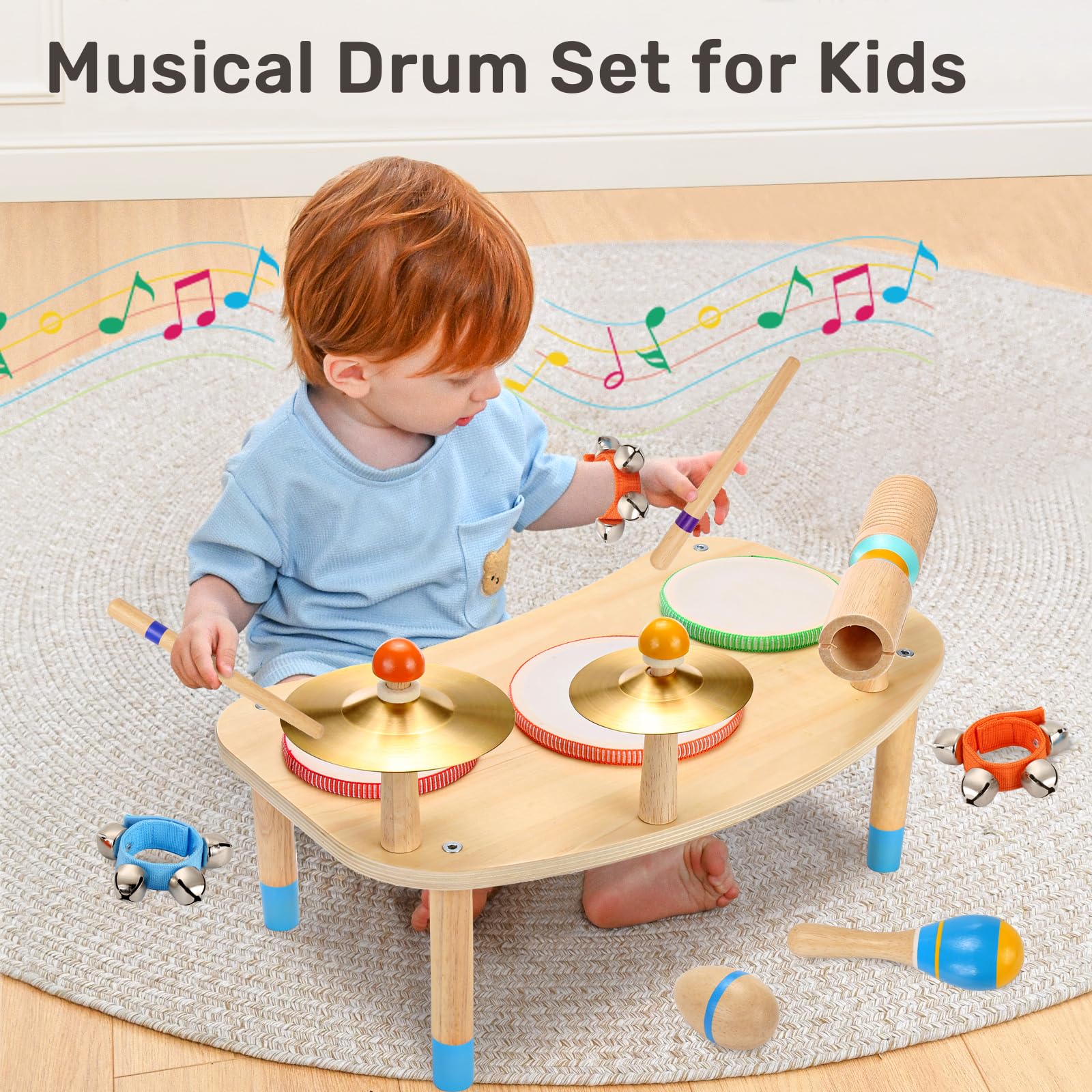 WINGYZ 11 in 1-Schlagzeug für Kinder ab 1 Jahr Musikinstrumenten-Set aus Holz, Baby-Schlagzeug mit Handgelenksglocken für Kleinkinder Geschenke zum 1. Geburtstag für Jungen und Mädchen Musikspielzeug