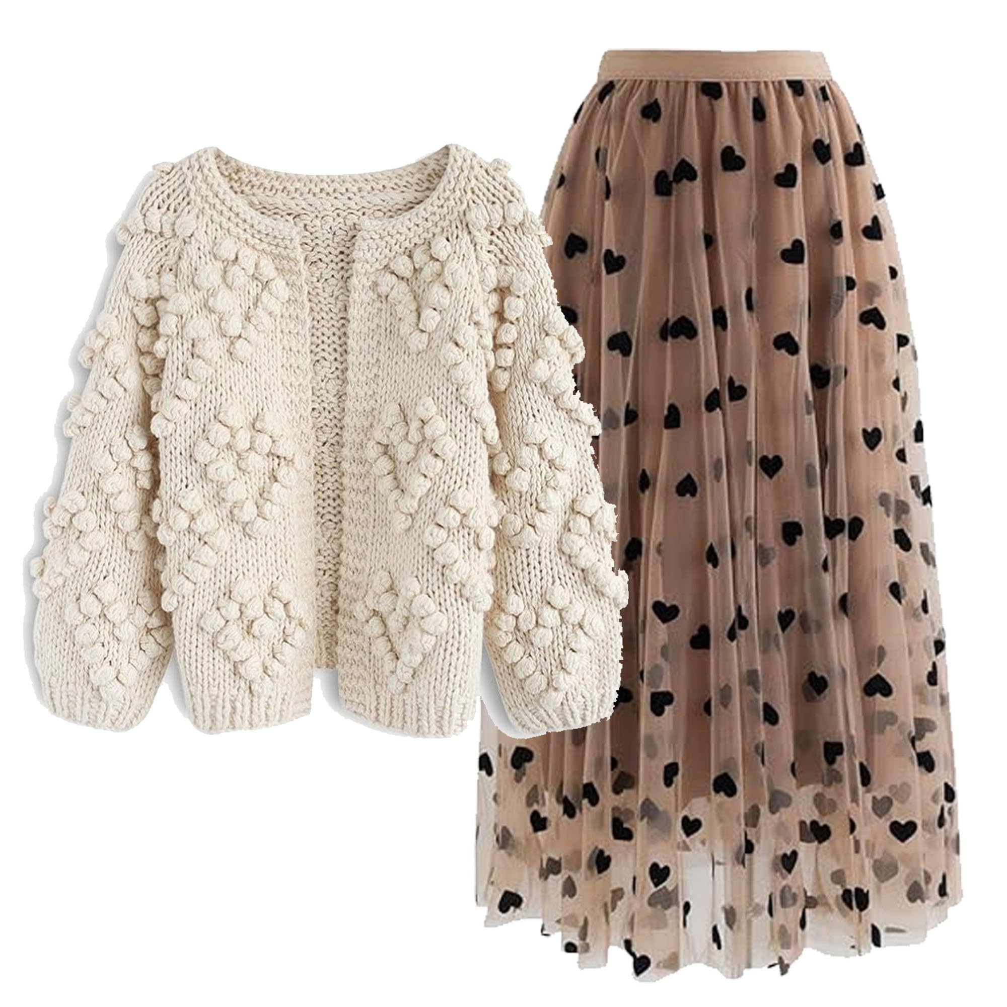 CHICWISH Womens Soft Heart Shape Balls Hand Knit Open Front Ivory Cardigan and 3D Heart Mesh Tulle Maxi