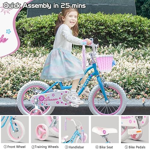 Miniatura 6 de Glerc Daisy - Bicicleta estilo princesa de 12, 14, 16 pulgadas, para niñas de 2 a 7 años, con ruedas de entrenamiento, cesta y serpentinas, varios