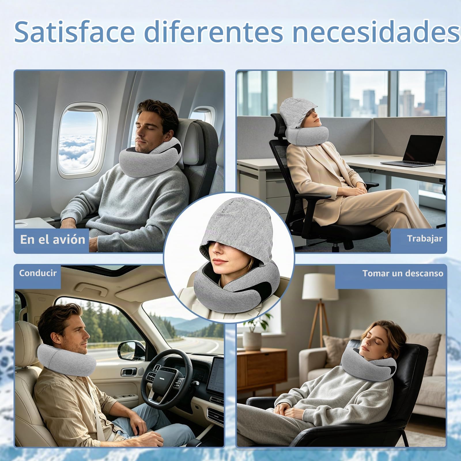 Cojín De Viaje Compactable con Capucha Cortaviento, Soporte 360° Integral | Funda Desmontable, Espuma Viscoelástica, Ajustable Velcro, Tela Transpirable, Set Completo Con Bolsa De Almacenamiento