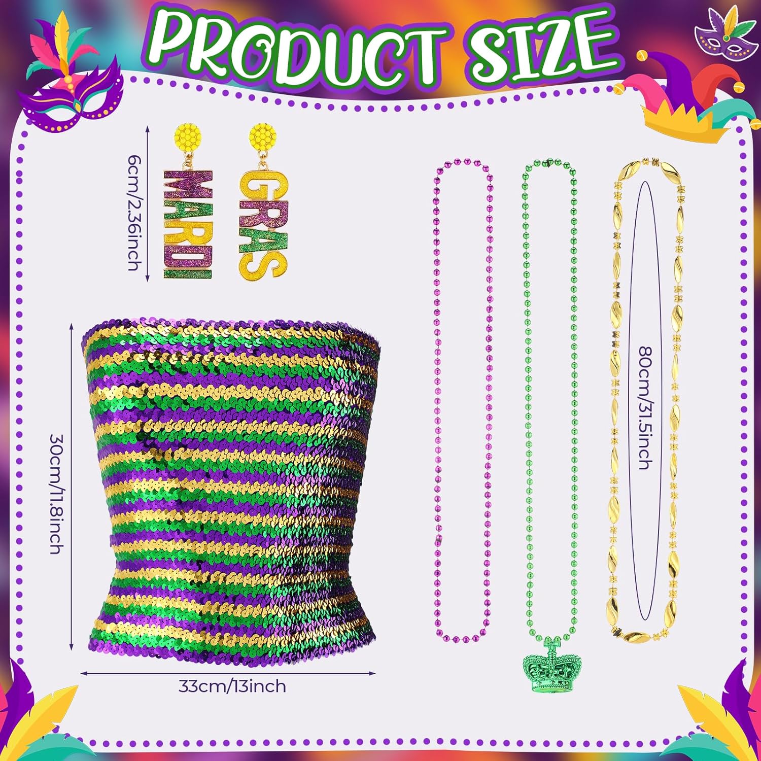 Civaner 16 Pcs Mardi Gras Costume Accessory Outfit Set for Women Include 1 Sequin Tube Top 14 Pcs Mardi Gras Beads Necklaces and 1 Pairs Earrings for Carnival Parades Party Favor Women - Image 2
