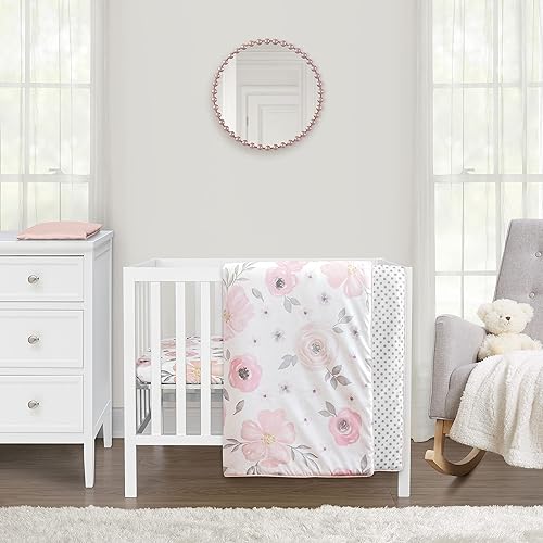 Sweet Jojo Designs Juego de ropa de cama de acuarela floral rosa niña bebé mini cuna bebé habitación bebé manta recién nacida paquete n sábanas de