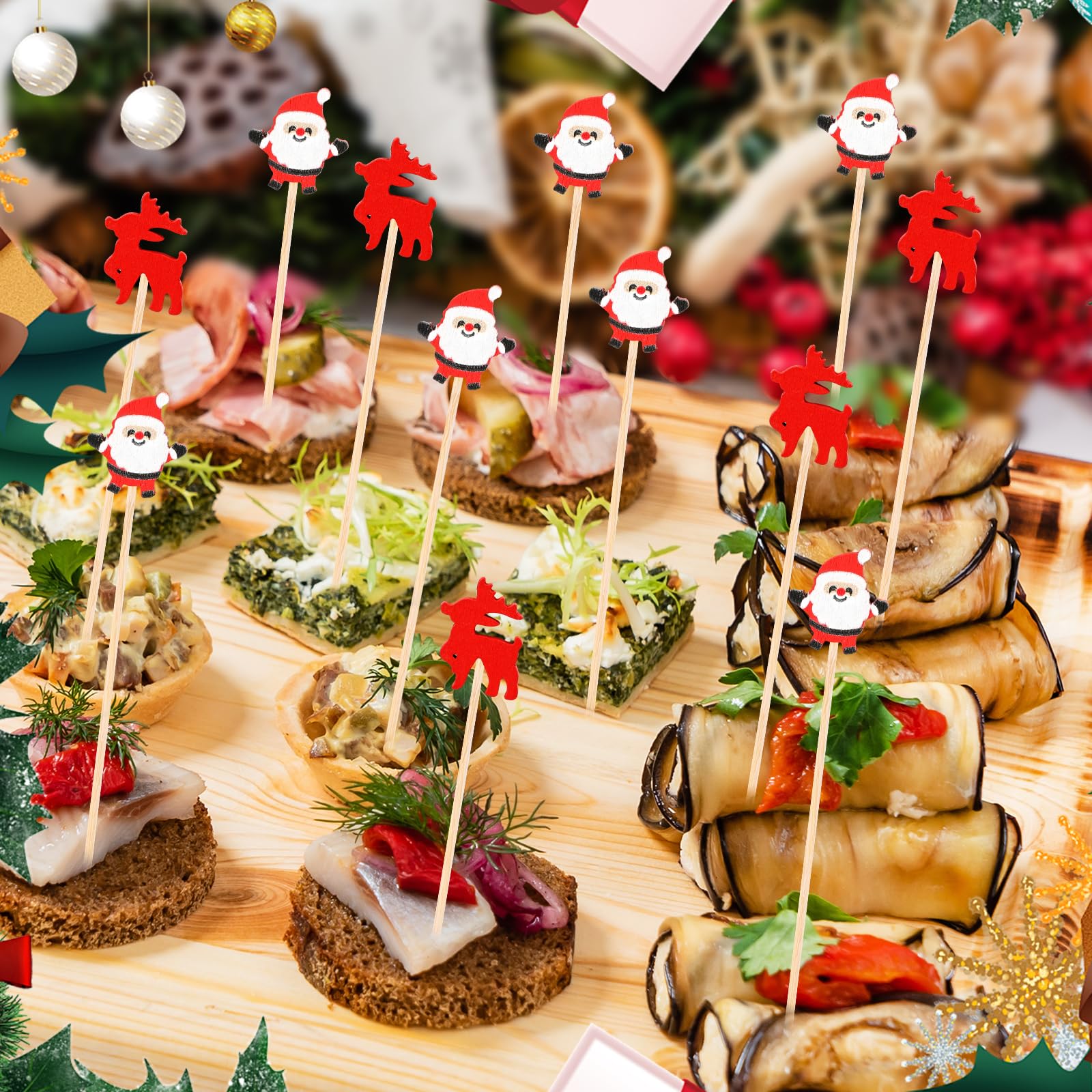 Jiesky 240 Counts Christmas Cocktail Picks Christmas Tree Snowflake Snowman Santa Claus Reindeer,4.7in Bamboo Cocktail Toothpicks Fruit Food Appetizer For Christmas Party Decorations 2024