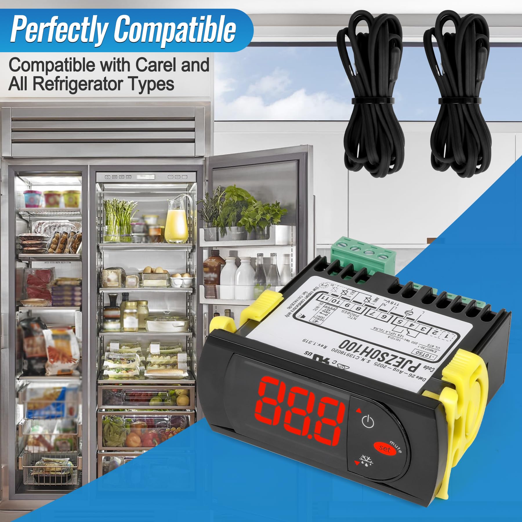 Zamiennik dla Carel PJEZS0H100 regulator temperatury, do lodówek 115 V 50/60 Hz, programowalny termostat cyfrowy z sondą czujnika i osprzętem montażowym