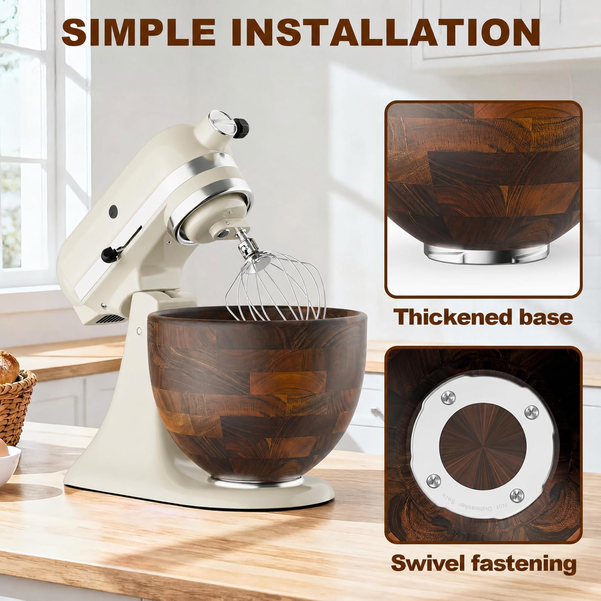 Cofun Ciotola in Legno Premium per KitchenAid, Contenitore 4.8L per Planetarie a Testa Inclinabile 4.3L, 4.7L/4.8L, Ciotola Naturale in Acacia con Base in Acciaio Inox, Accessorio per KitchenAid