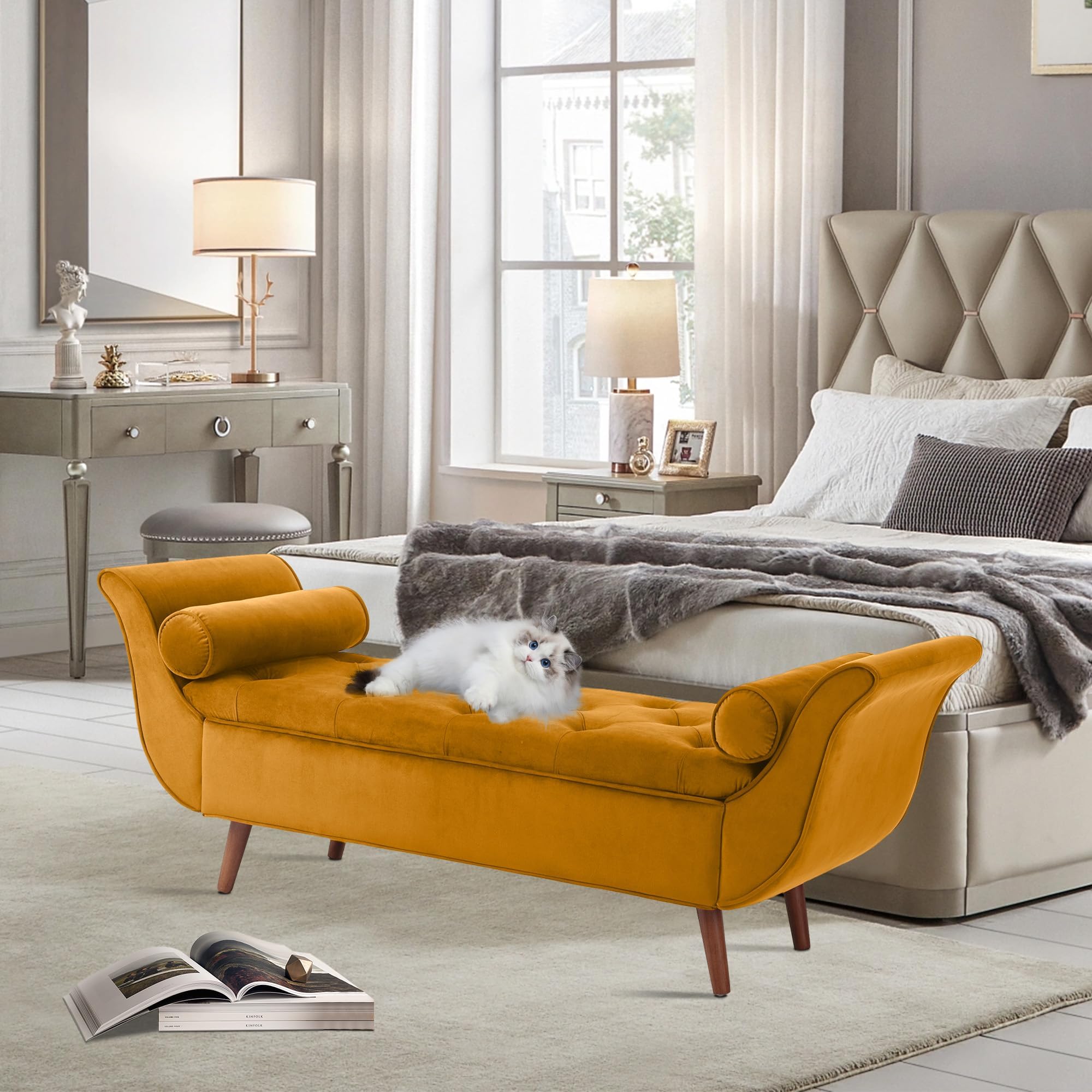 RXRRXY Velvet Storage Bench for Bedroom,End of Bed Bench with Ottoman, Button Tufted King Size Upholstered Benches with Armrest and 4 Sturdy Wooden