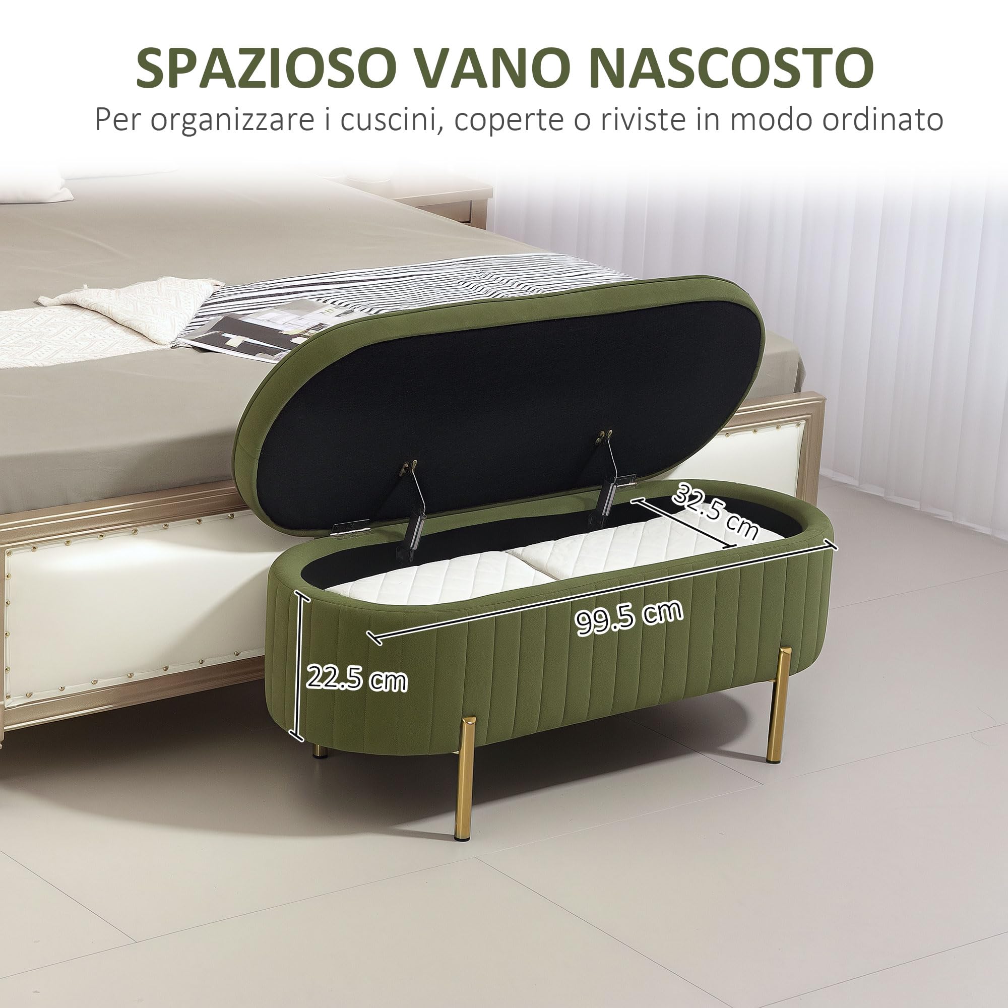 HOMCOM Panca Contenitore Ingresso Ovale 72L Design Scanalato con Coperchio Sollevabile, Seduta Imbottita, Panca Fondo Letto Pouf Cassapanca in Velluto e Struttura in Legno di Pino, 108x44x43.5cm,Verde
