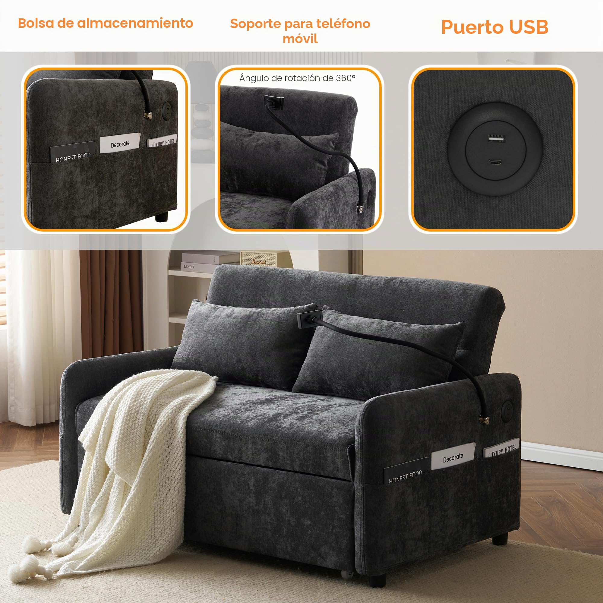 Azkoeesy Sofá cama plegable con función de dormir, sofá de 2 plazas con respaldo ajustable, soporte para móvil, USB, 2 cojines, tela de chenilla, para salón, dormitorio, sala de cine en casa (Gris)