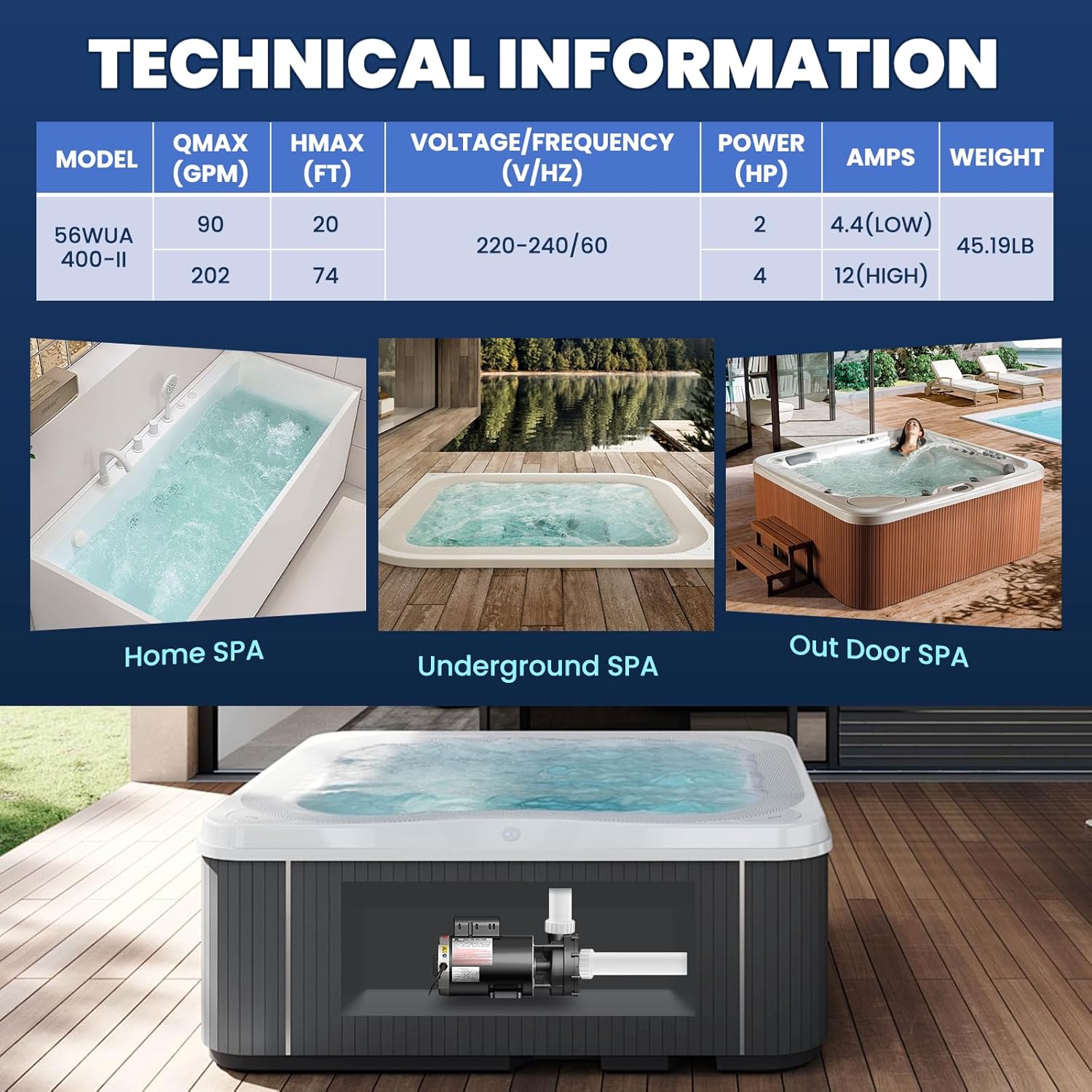 Mxmoonant SPA Pump, 4HP 220-240V Hot Tub Pump 2 Speed SPA Bathtub Pumps Motor 2" Plumbing 56 Frame Motor