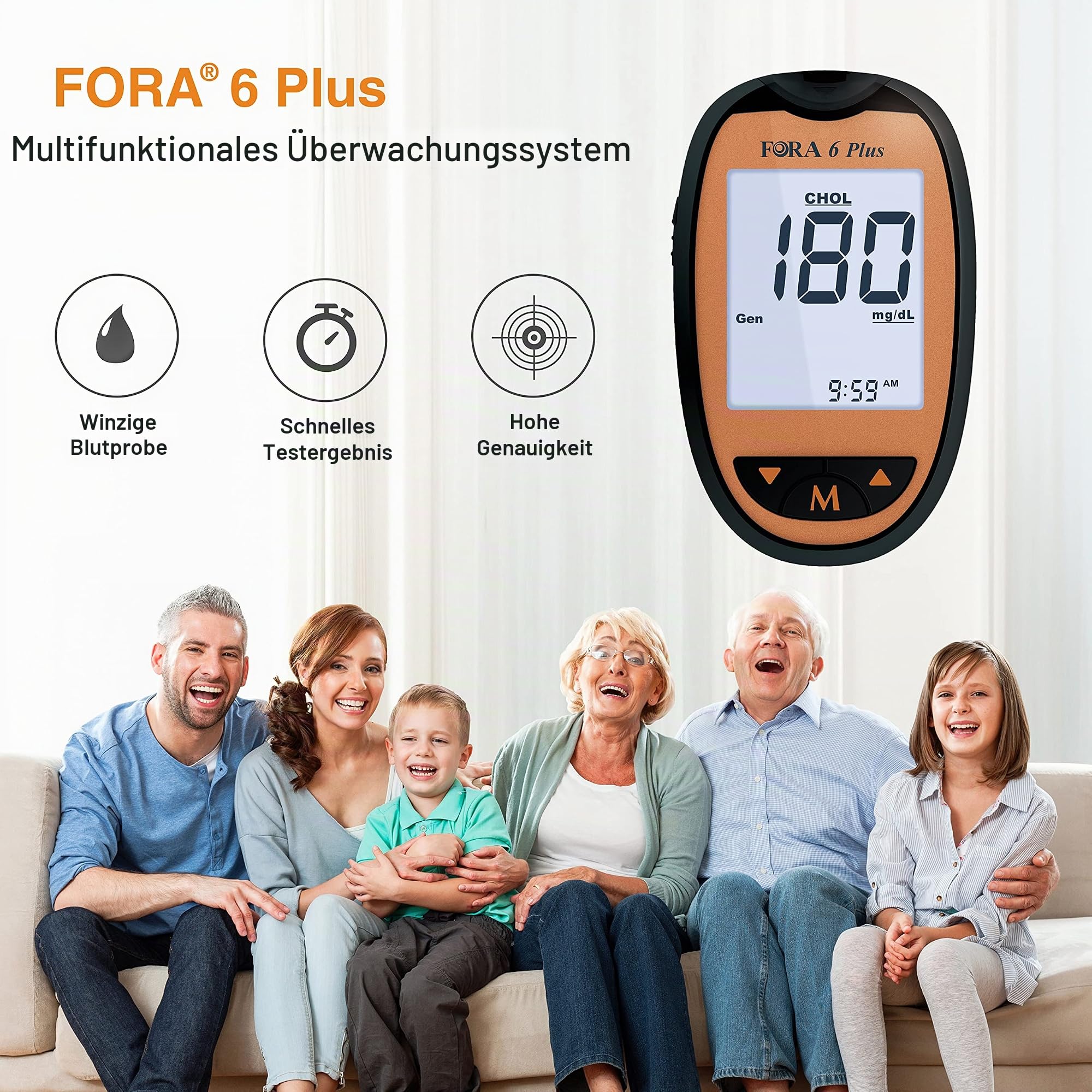 FORA 6 Plus- Multifunktions-Messsystem, Blutzucker (BG), Hämatokrit (HCT), Hämoglobin (HB), ß-Keton (KB), Harnsäure (UA) und Cholesterin (TCH), ohne Teststreifen