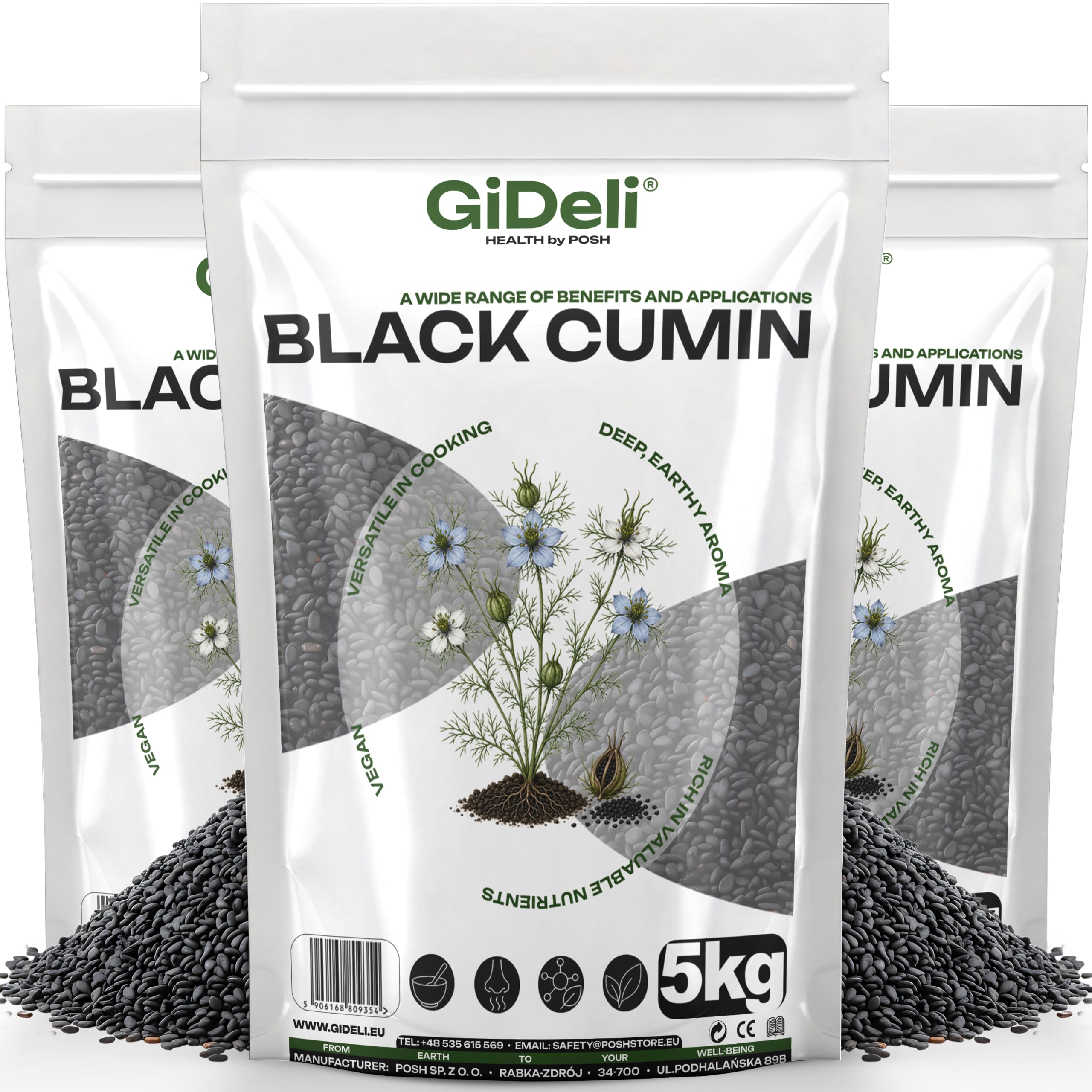 GiDeli Semillas de Comino Negro 3x5kg - Auténtica Nigella Sativa Entera - Aroma Profundo y Terroso - Semillas Frescas Veganas para Pan, Ensaladas, Yogur e Infusión