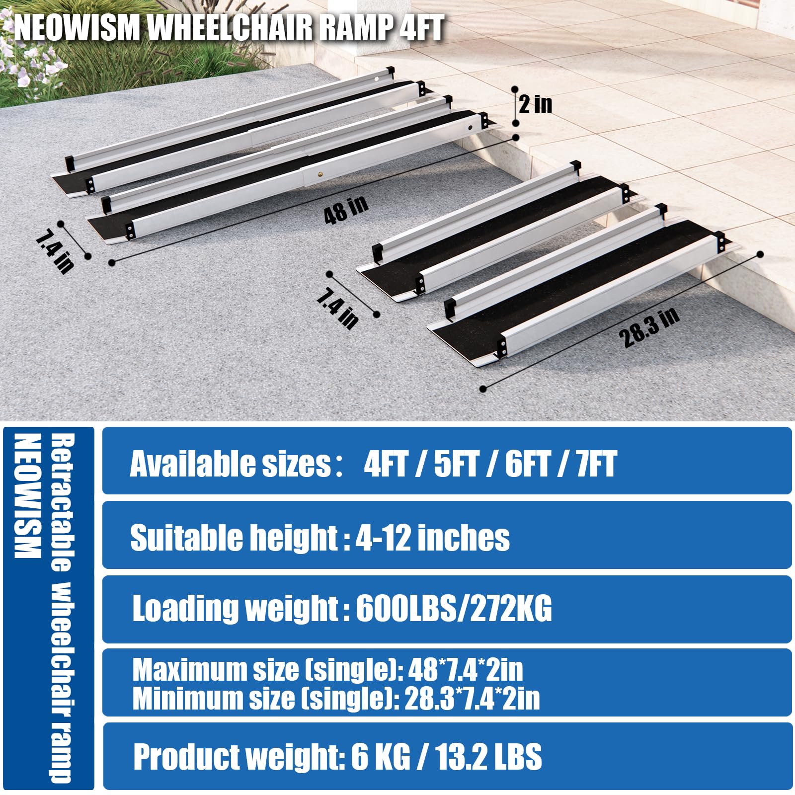 Rampa telescópica portátil de 4 pies para silla de ruedas, de aluminio, para el hogar, para discapacitados, rampa de umbral, soporta hasta 600 libras, rampa de silla de ruedas para escalones, puertas,