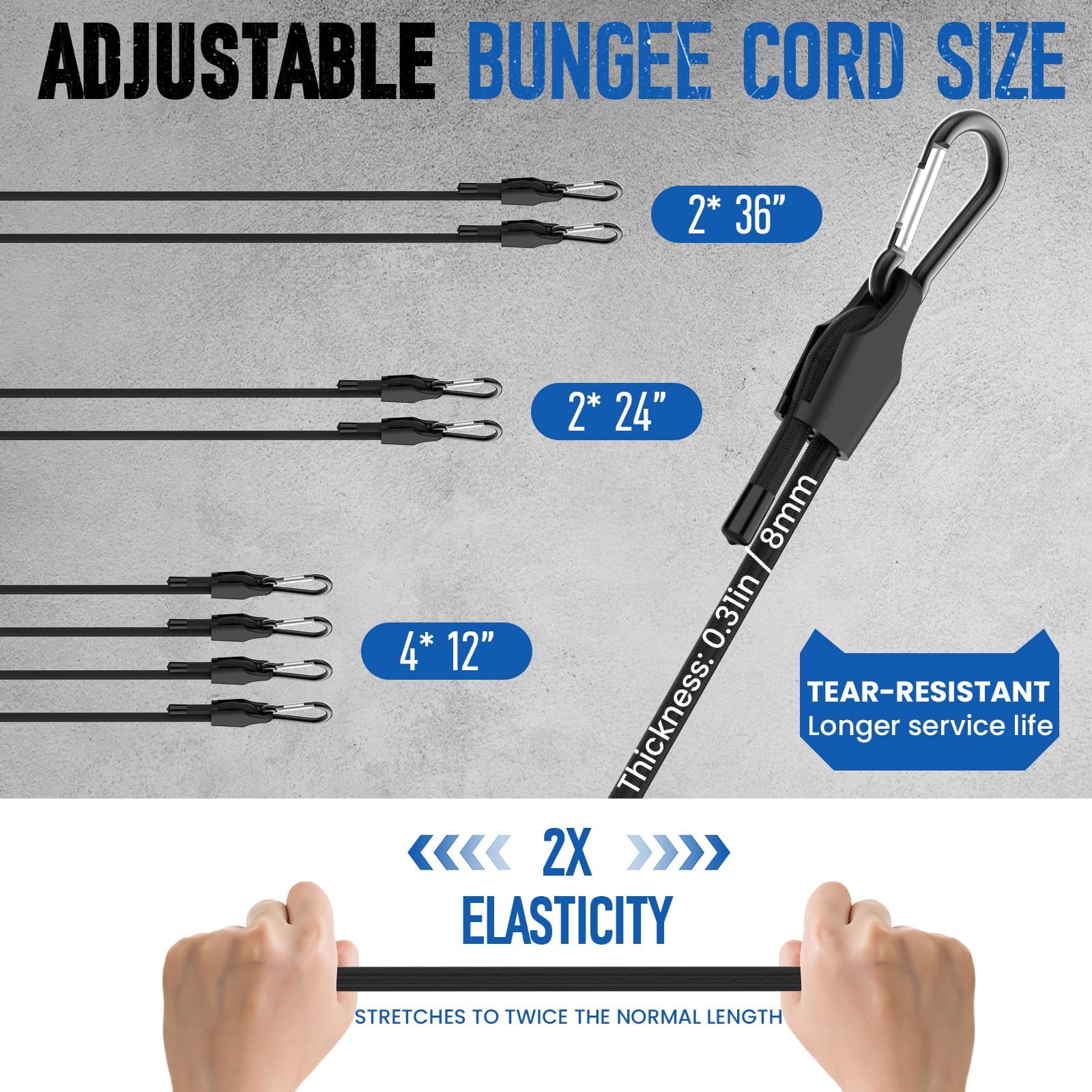 Regulowany sznurek bungee z haczykami, 3 rozmiary, 30 cm, 61 cm, 91 cm, czarny, super elastyczny pasek bungee z karabińczykiem, wytrzymały zewnętrzny karabińczyk do ładunku, kempingu