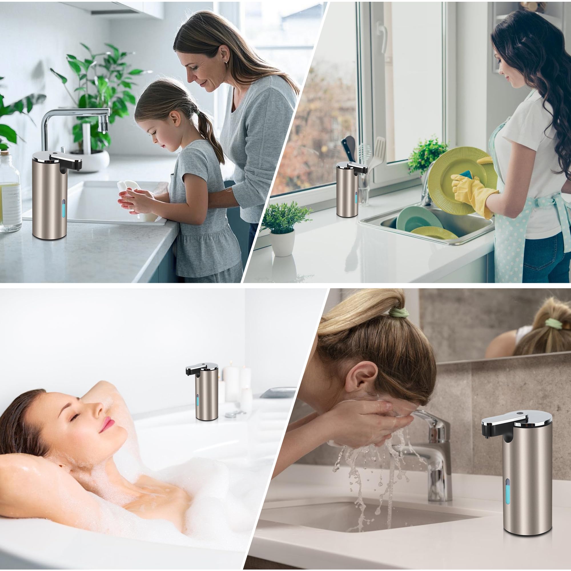 Dispenser Automatico di Sapone 350ML per Bagno | Dispensatore di Sapone per Piatti con 3 Volumi di Sapone Regolabili, Argento