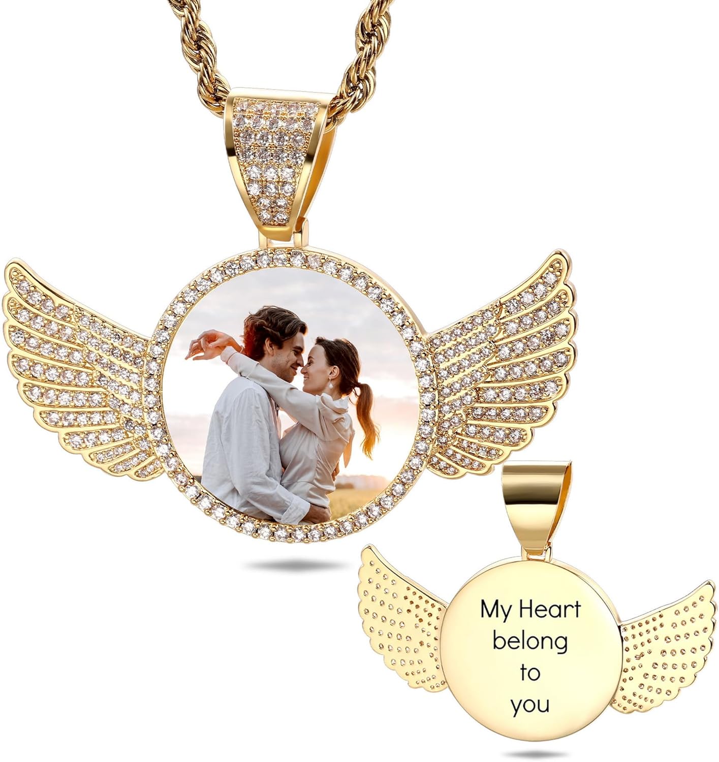 Custom Hip Hop Memory Picture Round/Heart Pendant Necklace for Men Women Personalized Photo Angel Wing Necklace with Engraved Text Iced Out Silver/Gold Pendant Necklace with 18-30 Inches Chain
