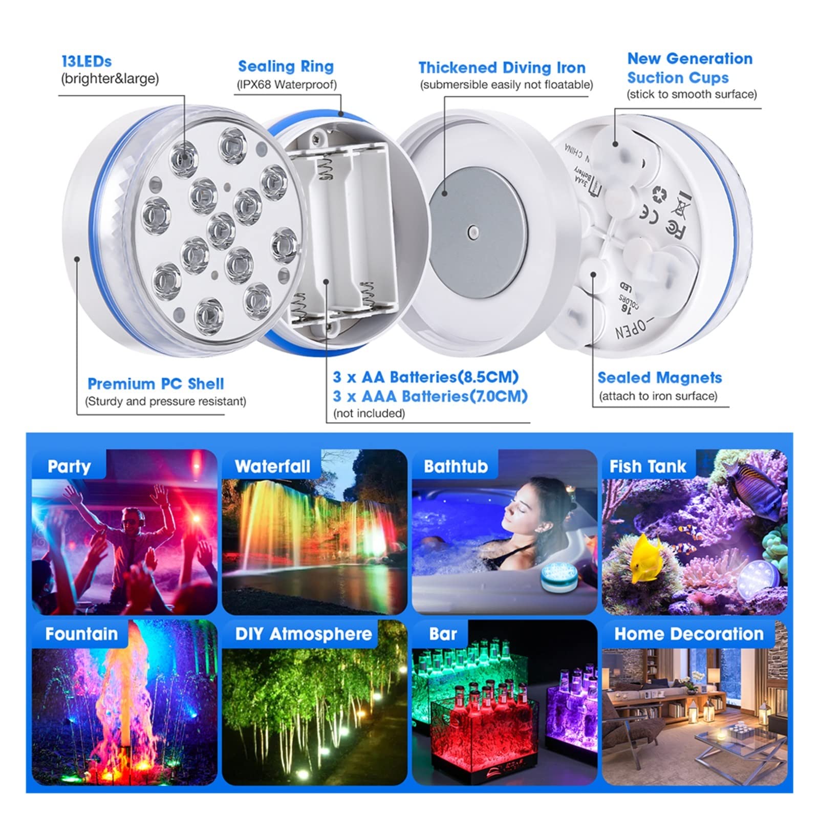 Nurkowanie Led Lights Z pilotem Podwodne oświetlenie basenowe IP68 Magnes 13 Jasna lampa LED RGB Do stawu/basenu akwarium Tworzenie Atmosfery(8 Light 2 Controller,7.0CM)