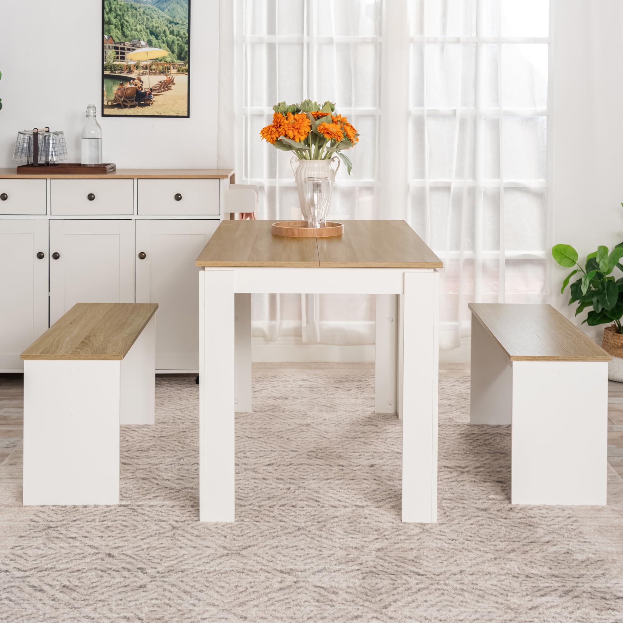 Set di 2 panchine per tavolo da pranzo, panchine da cucina, panca da tavolo da pranzo, 90 x 30 x 45 cm, panca in legno, camera da letto o cucina, rovere + bianco