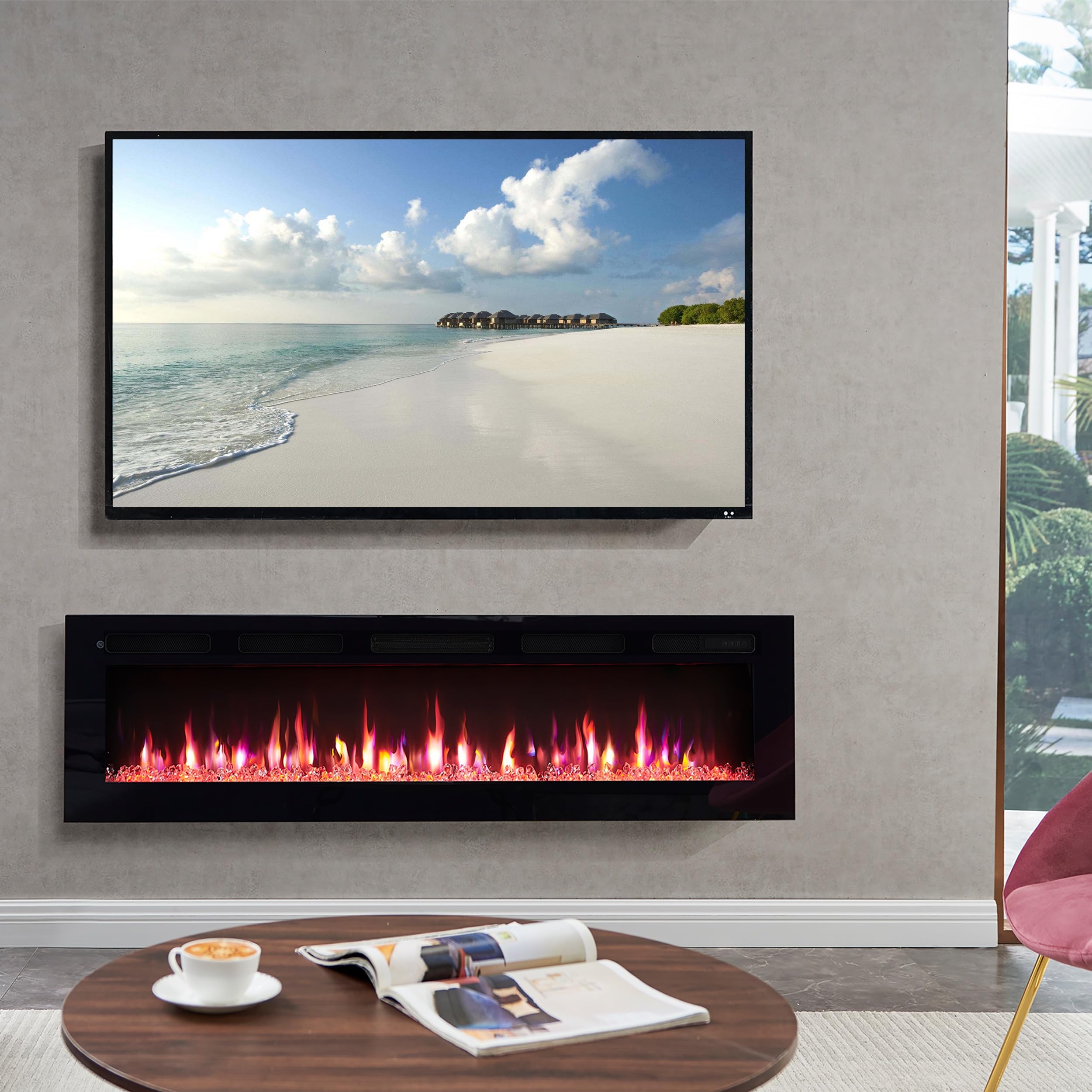 BALDERIA camino elettrico Leif 60"| Caminetto elettrico a pavimento o a muro con riscaldamento 2000 W | Effetto fiamma 3D | Focolare a terra o a parete con telecomando, timer, termostato | Nero