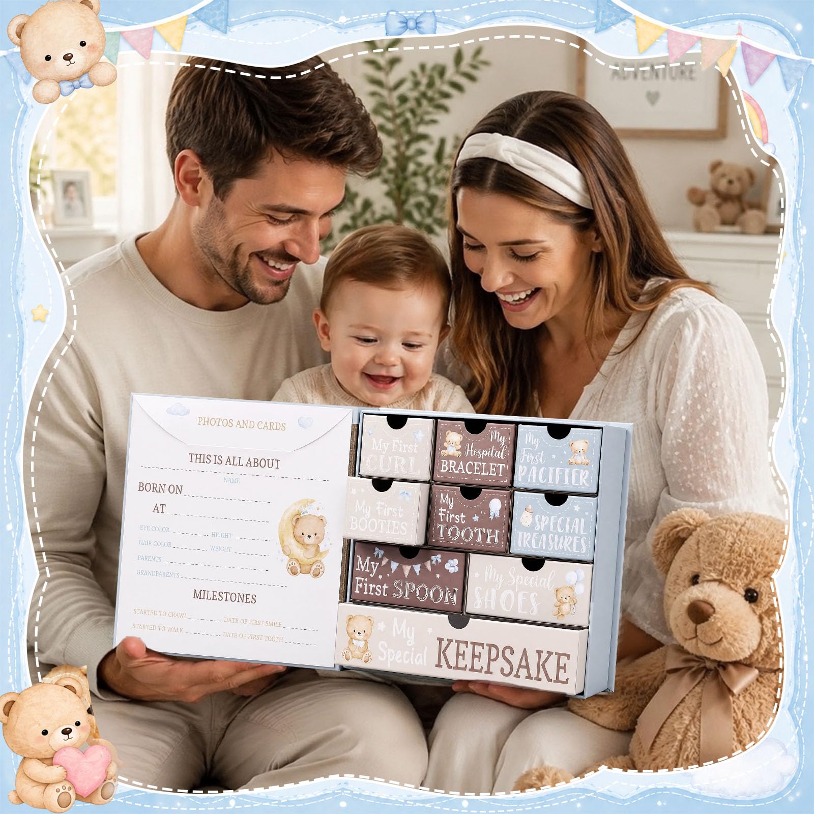 Pajean Caja de recuerdos de oso de peluche para recién nacido, caja de
