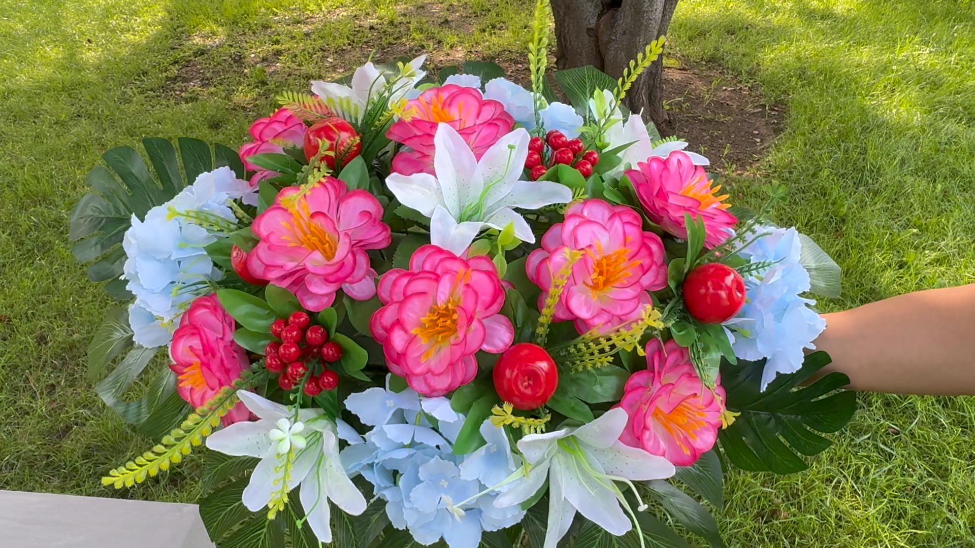 Artificial Cemetery Flowers With Vase & Saddle - Realistic Rose & Carnation Bouquets For Grave Decor - Weather-Resistant - View #2