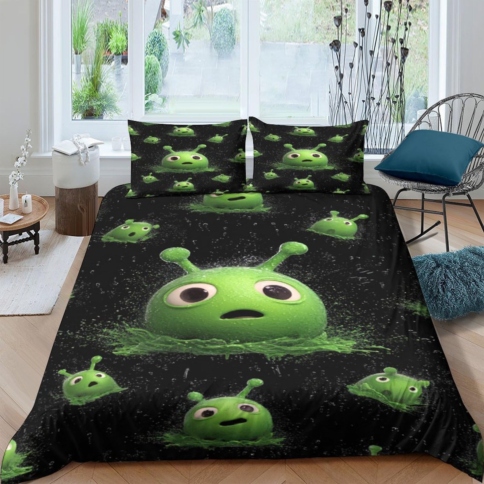 Ctjqhvkz Style-4 3D Printed Green Alien Fitted Sheet Microfiber Soft Breathable Cartoon Space Bed Cover For Bedroom Dorm Mattress Decor Single（135X200cm）