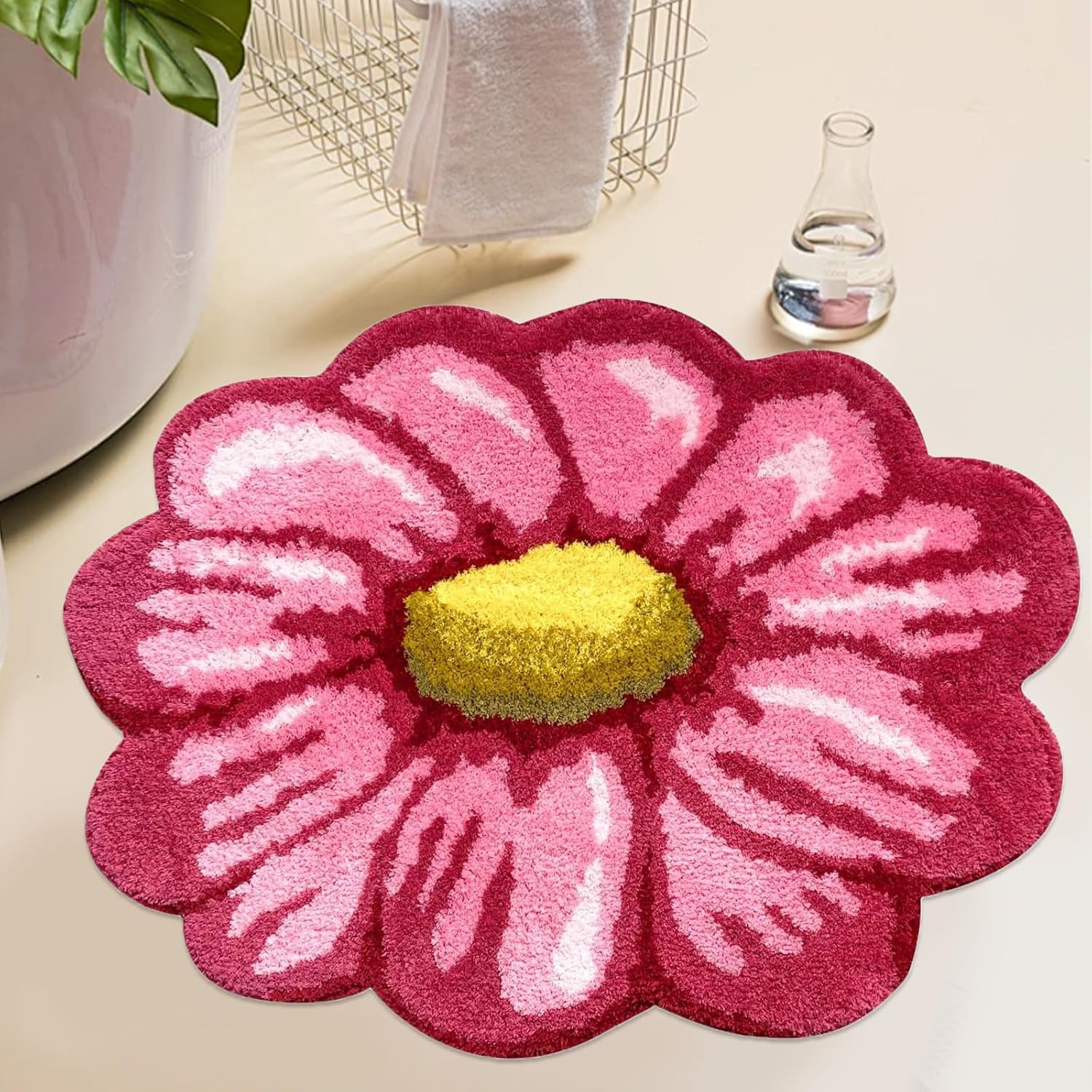 ABREEZE Pink Daisy Rug Plush Rug Bath Mat Shaggy Door Mat Water Absorbent Rose Floral Mats Anti-Slip(Non-Slip) Modern Carpet Washable Floor Mats for Bedroom/Sofa/Bathroom
