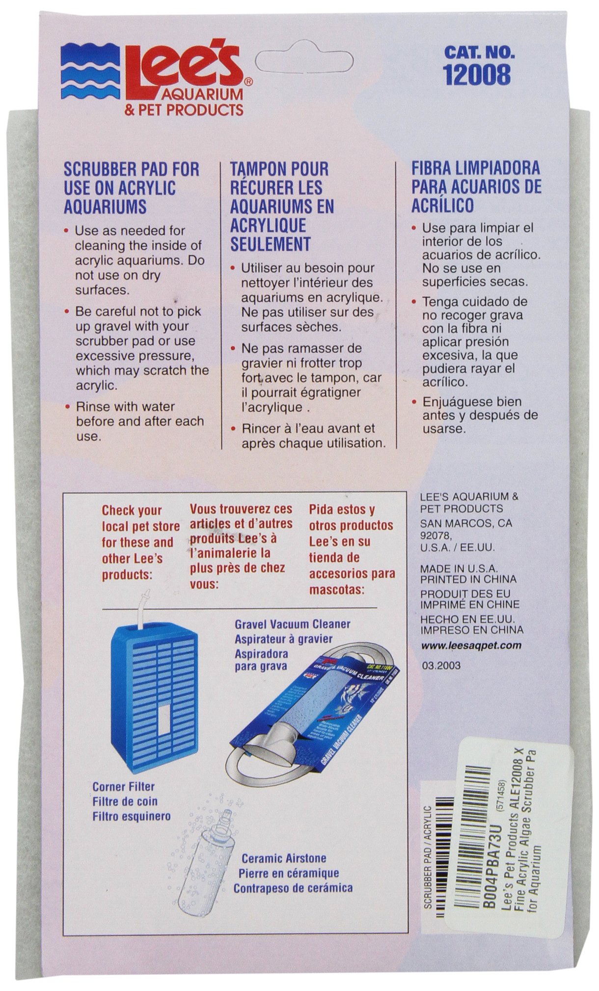 Lee's Pet Products ALE12008 Xl Fine Acrylic Algae Scrubber Pad for Aquarium