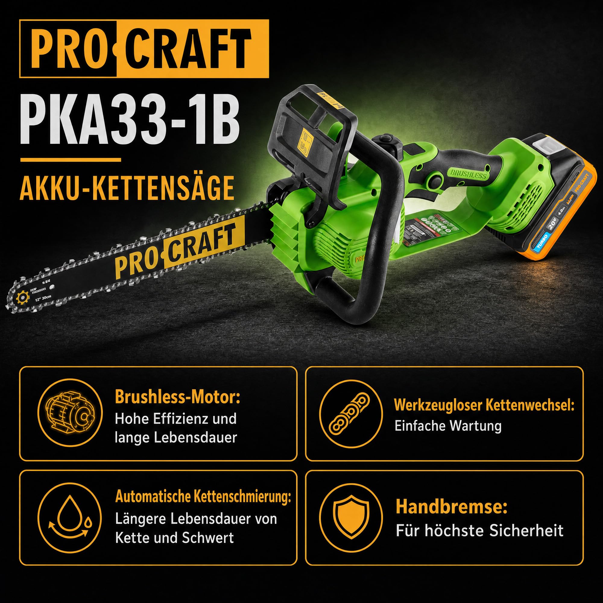 Procraft PKA33-1B akumulatorowa piła łańcuchowa 20 V 304 mm bezszczotkowa + 1 x akumulator 4,0 Ah + ładowarka