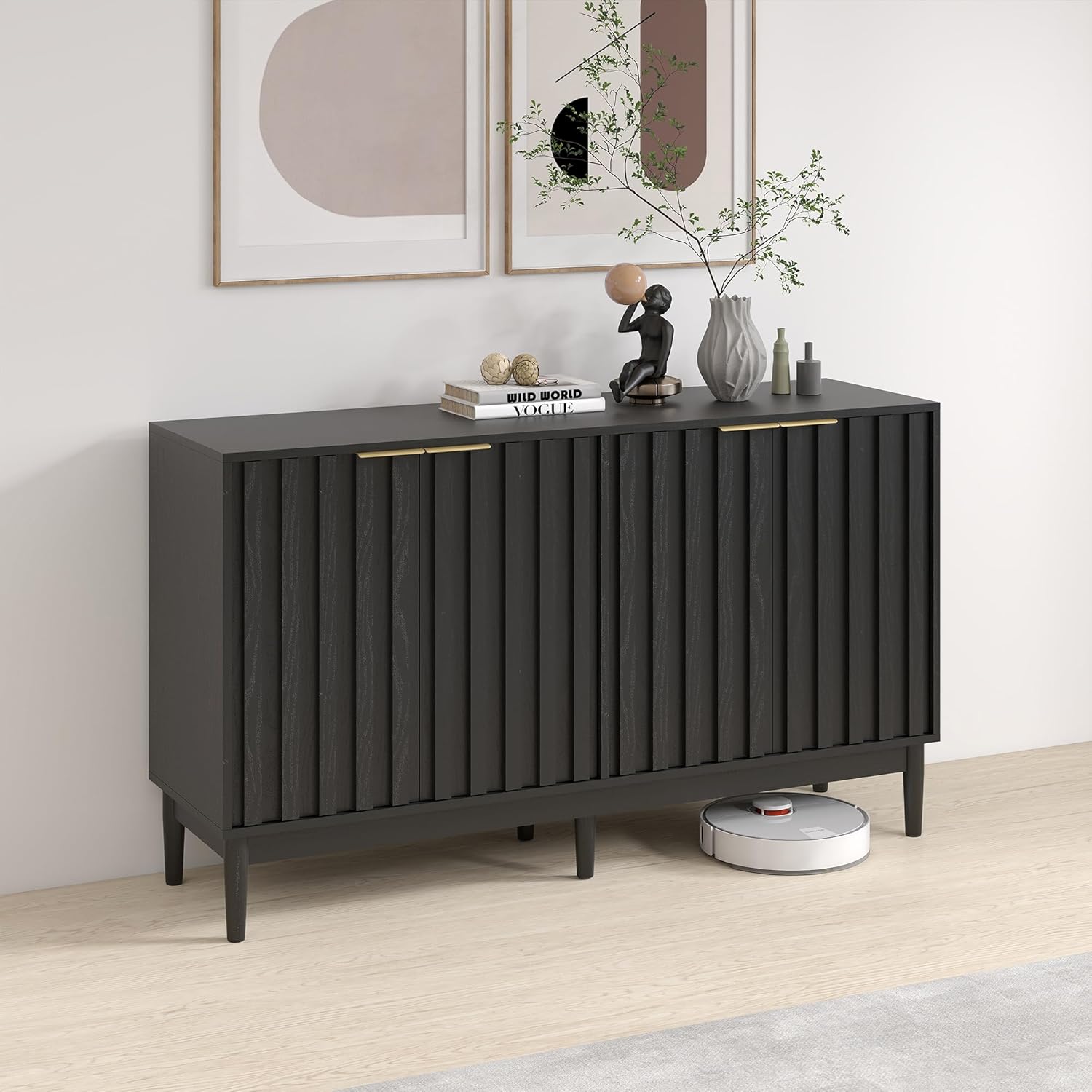 conifferism 55“ Buffet Cabinet Sideborad with 4 Door, Fluted Cabinets with Storage, Kitchen Side Board Storage Cabinet with Adiustable Shelves for Living Room,Entry, Hallway,Black