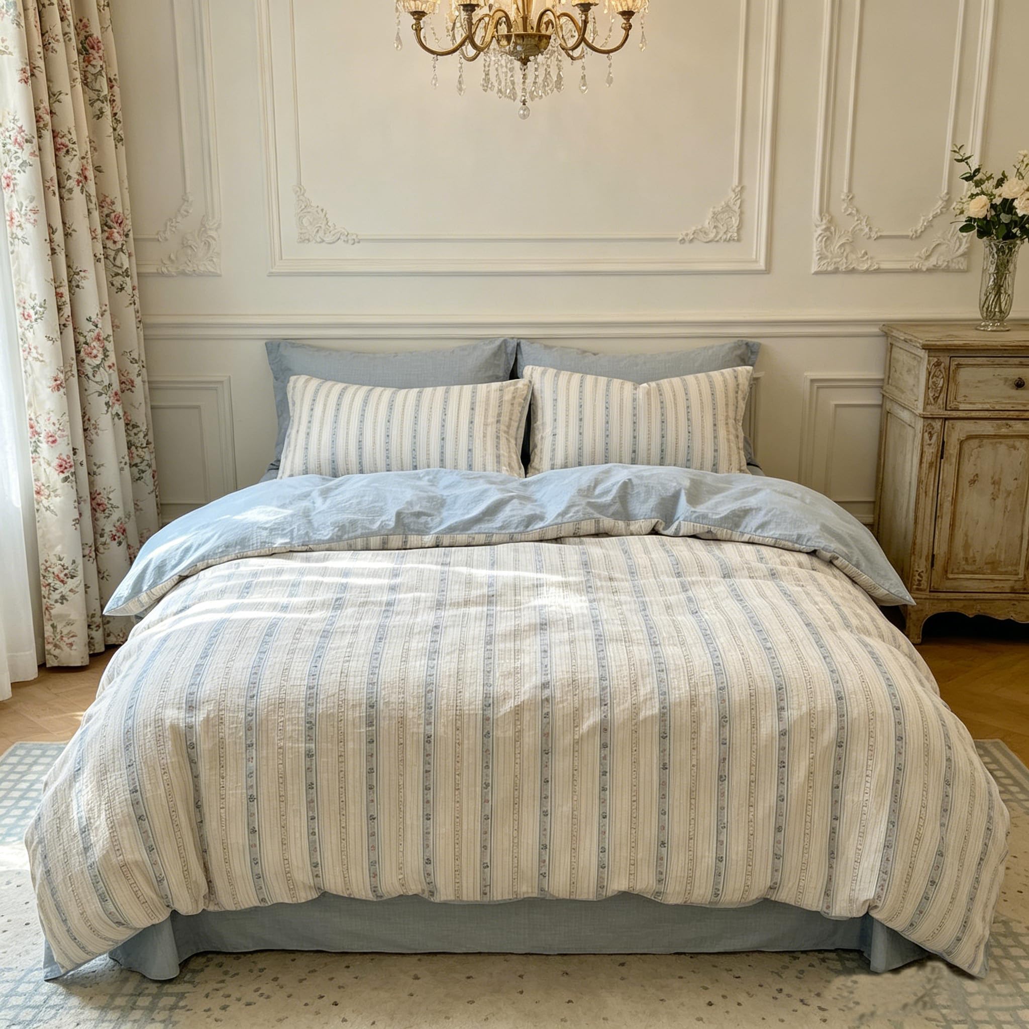 Housse de couette motif romantique floral bleu pour une ambiance douce et sereine