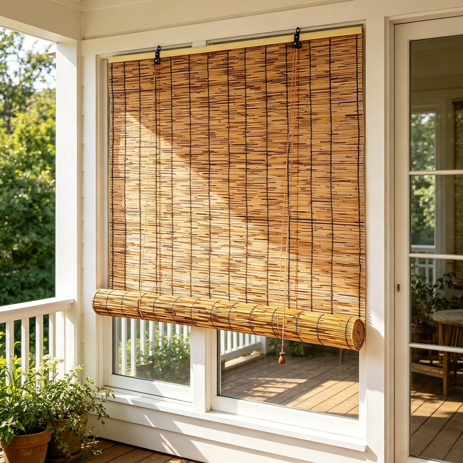 Bamboo Blinds 60 90 100 120 140 160cm Wide Natural Reed Outdoor Roller Blinds Waterproof Sunshade Bamboo Curtain Privacy Protection Kitchen Roller Blind for Windows Pergola Patio(W150cmxL180cm)