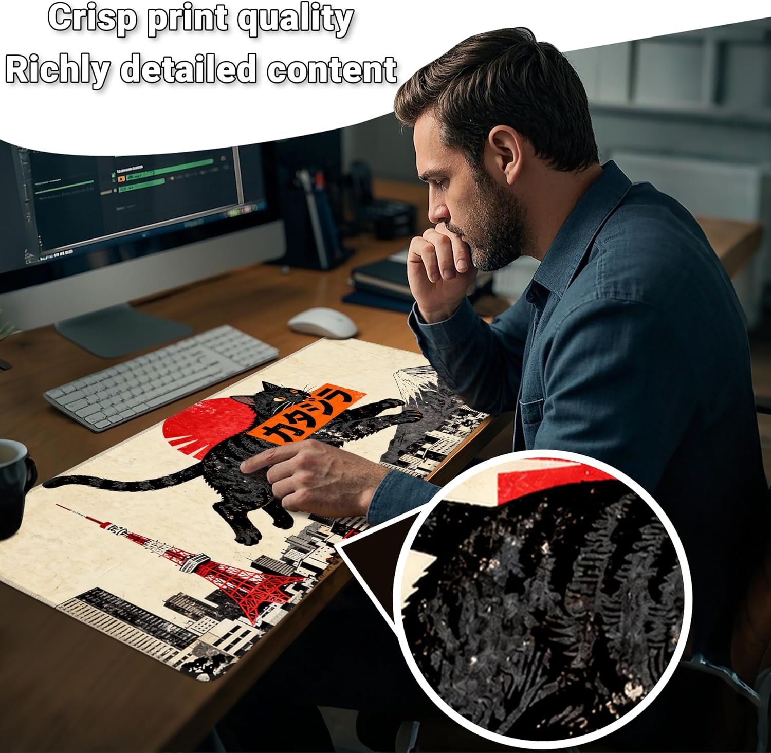 Japanese Retro Style Desk Mat, Giant Black Cat Tokyo Skyline Design, Large Mousepad, Kaiju Theme Gaming Pad, Japanophile Gift (C, 31.5x11.8in)