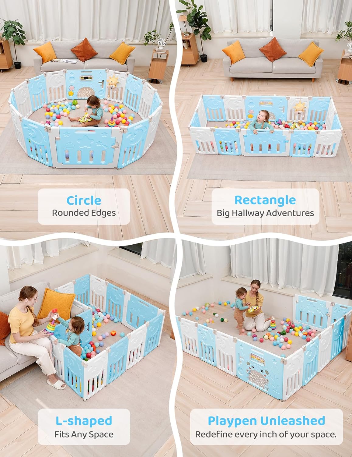 Baby Playpen, Dripex Baby Playard for Babies and Toddlers, 14-Panel Foldable Playpen Adjustable Portable Play Area, Indoor/Outdoor Kids Active Center with Game Panel & Safety Gate, Blue White