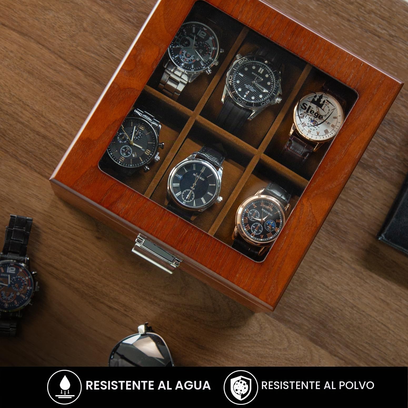 Slege Caja para Relojes Hecha a Mano de Madera, 6 Compartimentos y 2 Niveles con Cajón, Tapa de Madera con Ventana de Vidrio, Organizador Grande, Regalo Elegante para Hombre y Mujer