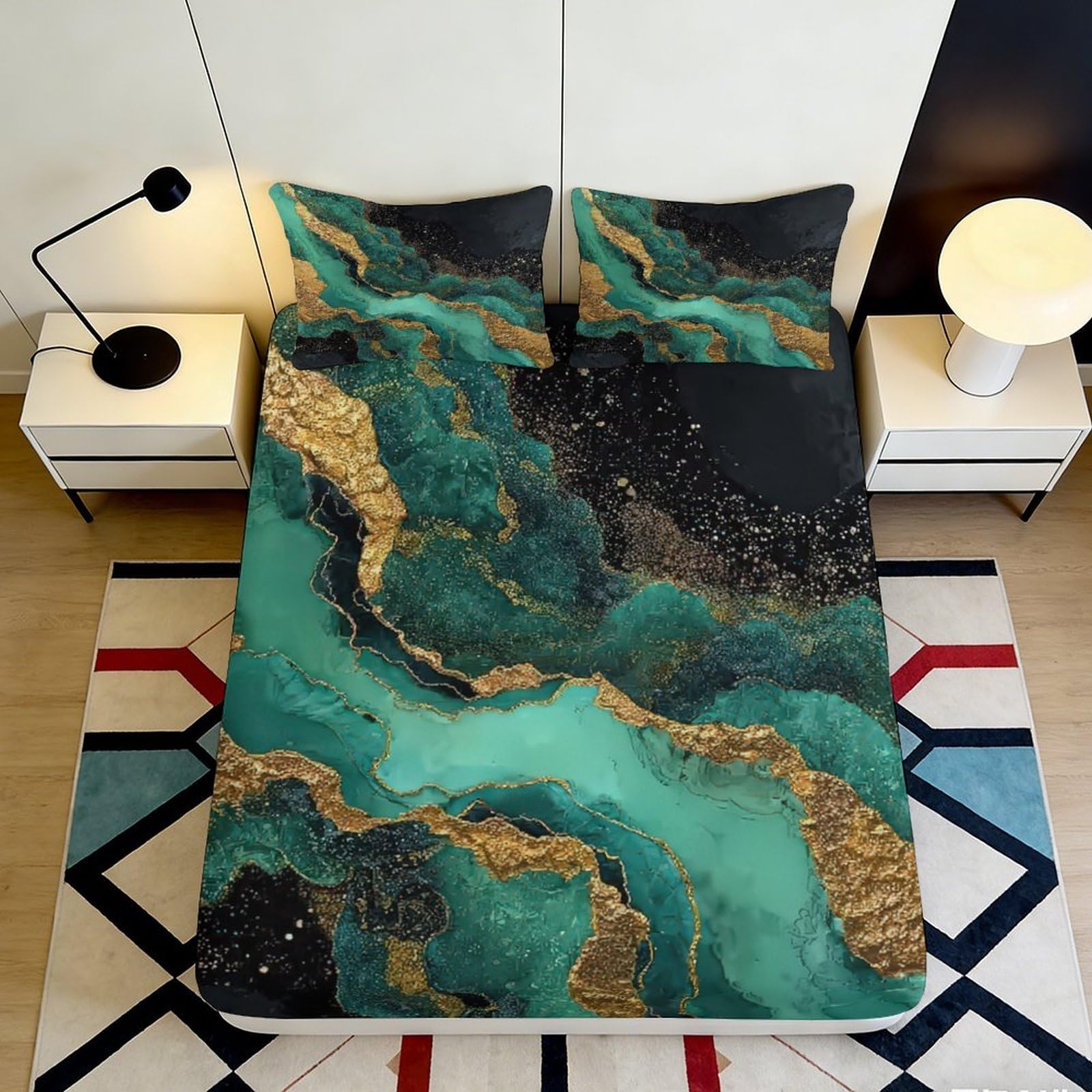 Jqzkxnhpbr Style-3 3D Printed Emerald Marble Fitted Sheet Microfiber Soft Black Gold Vein Bed Cover For Bedroom Dorm Mattress Decor 90X200x25cm
